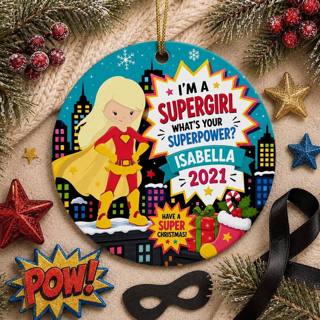 Superhero Girl Ornament, Blonde Hero, Comic Art, Ceramic Keepsake, Whimsical Red YellowPersonalized