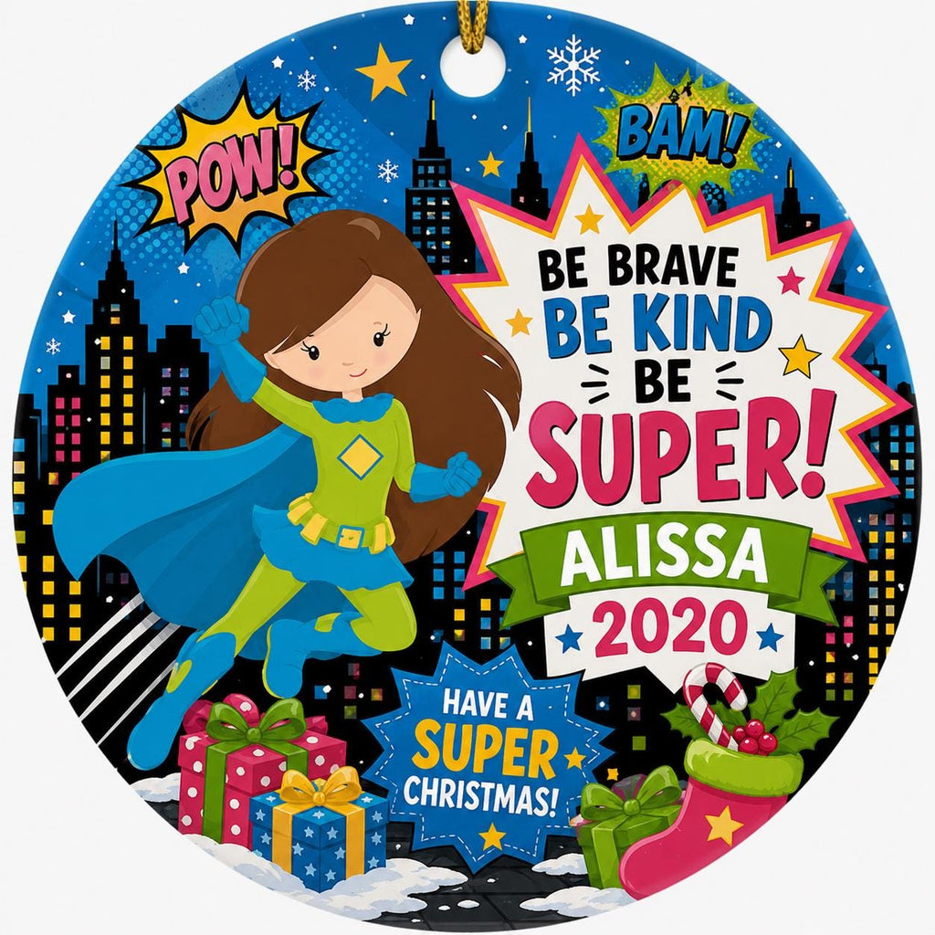Superhero Girl Ornament, Custom Name Comic Decor, Ceramic Holiday KeepsakePersonalized