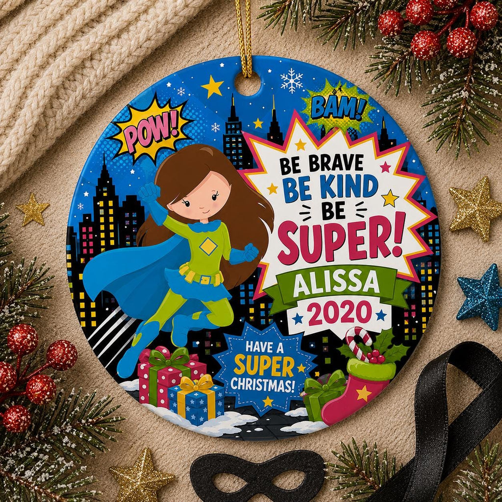 Superhero Girl Ornament, Custom Name Comic Decor, Ceramic Holiday KeepsakePersonalized