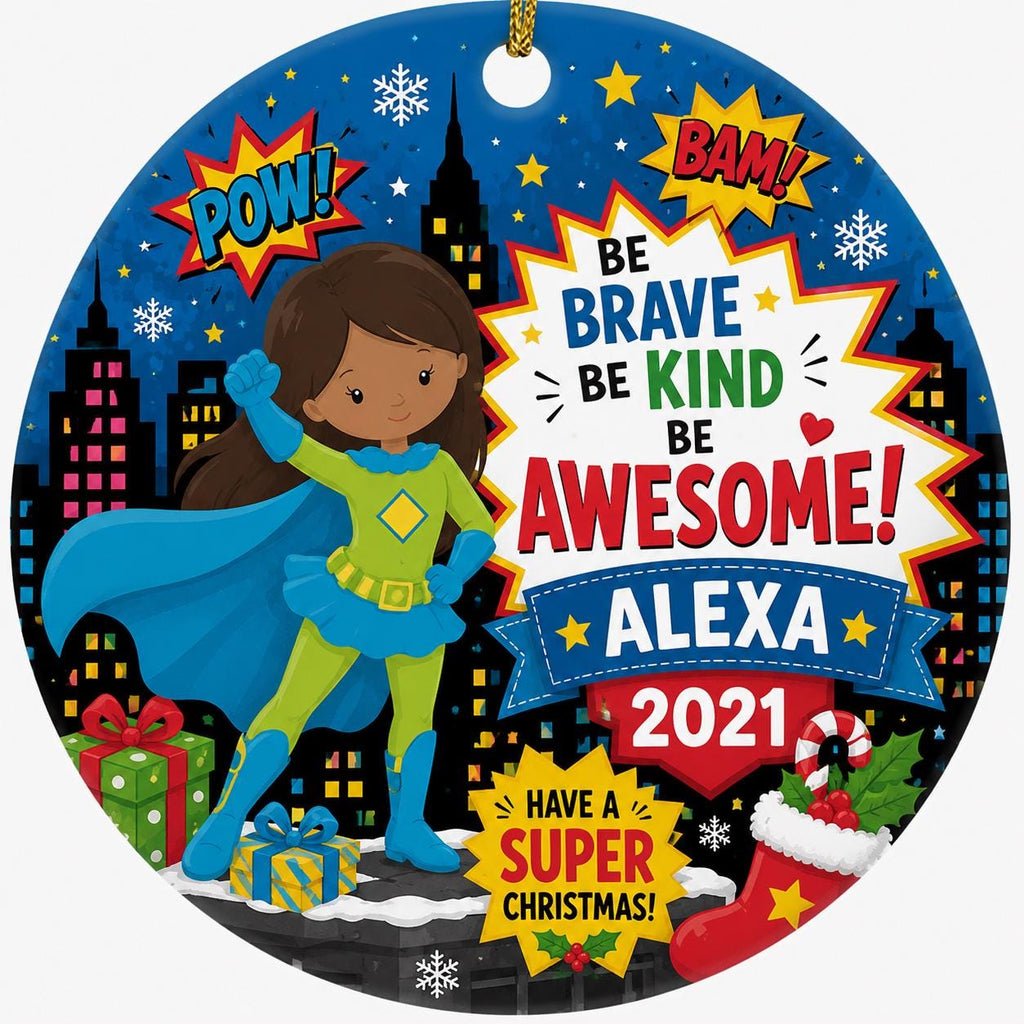 Superhero Girl Ceramic Ornament, Comic Style Cityscape KeepsakePersonalized