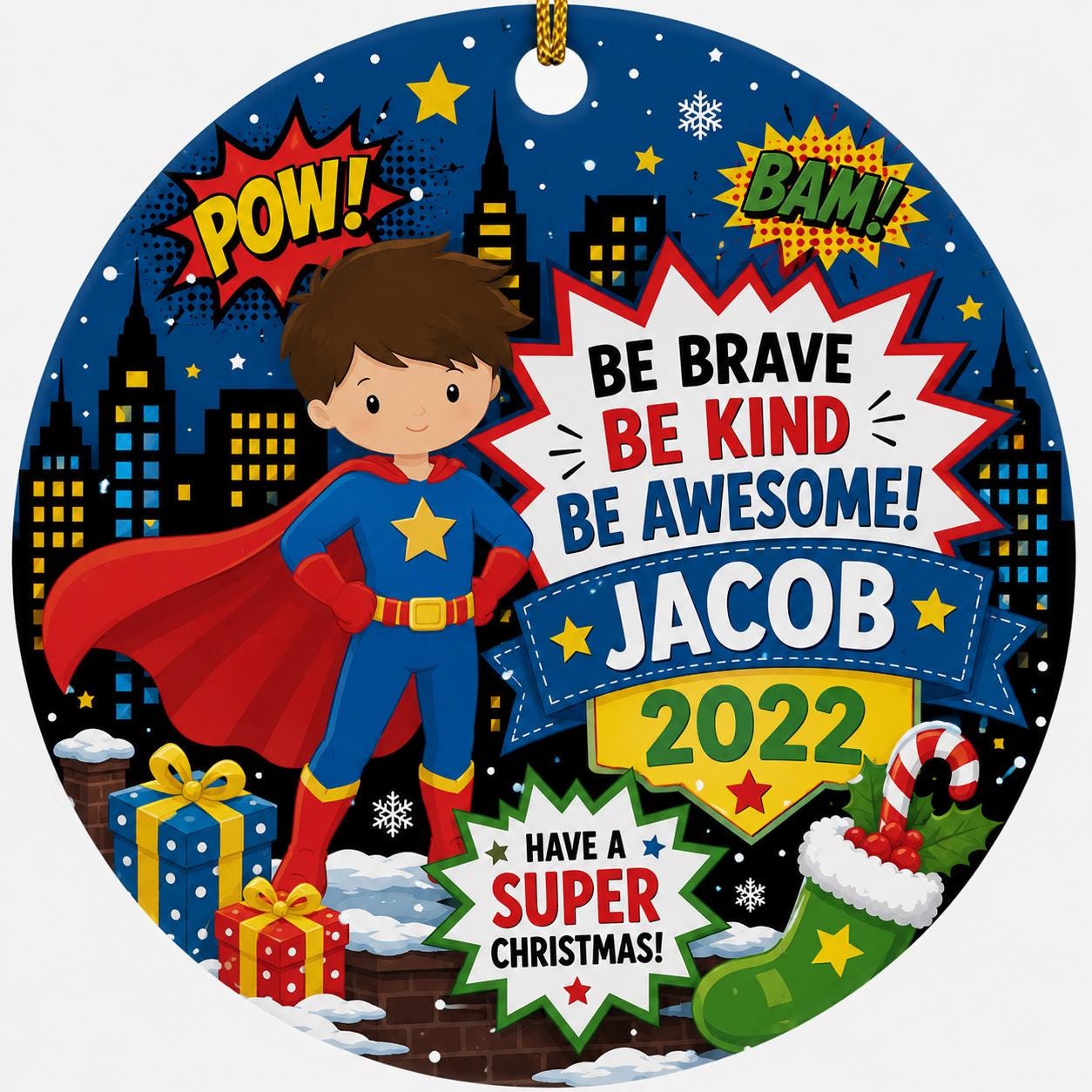 Superhero Boy Ornament, Custom Comic Name Christmas KeepsakePersonalized