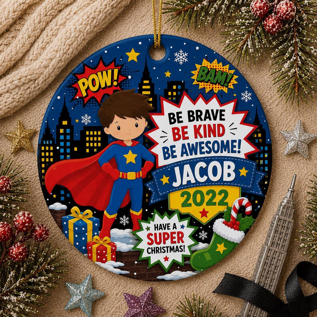 Superhero Boy Ornament, Custom Comic Name Christmas KeepsakePersonalized