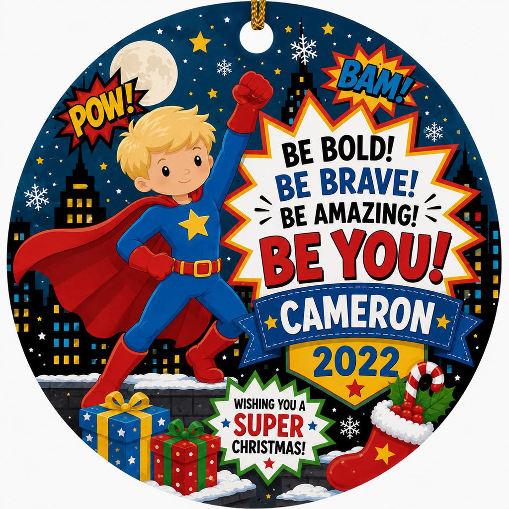 Superhero Ceramic Ornament, Custom Boy Christmas Keepsake, Be Bold Be Brave HeroPersonalized