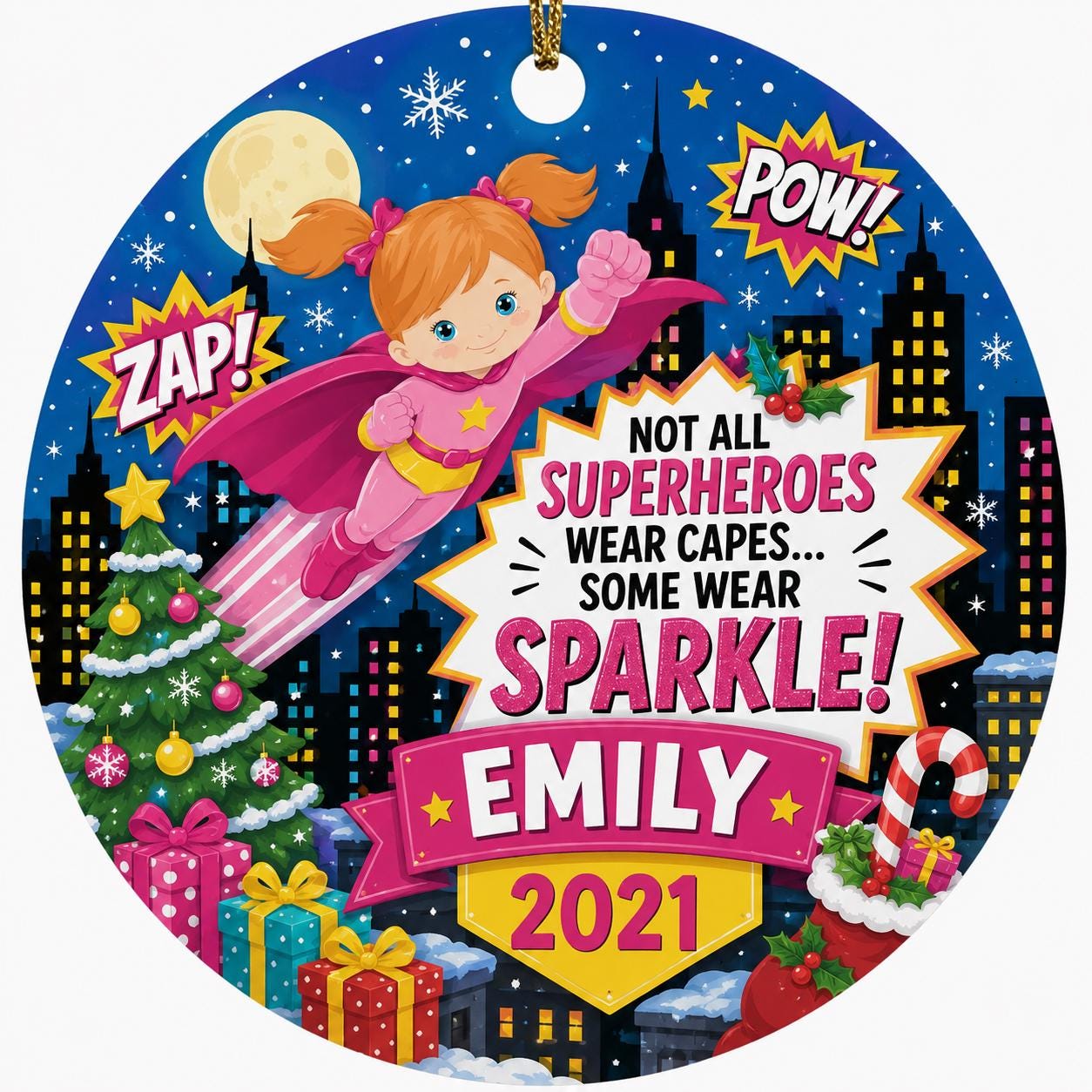 Girl Superhero Ornament, Custom Name City Skyline Ceramic ArtPersonalized