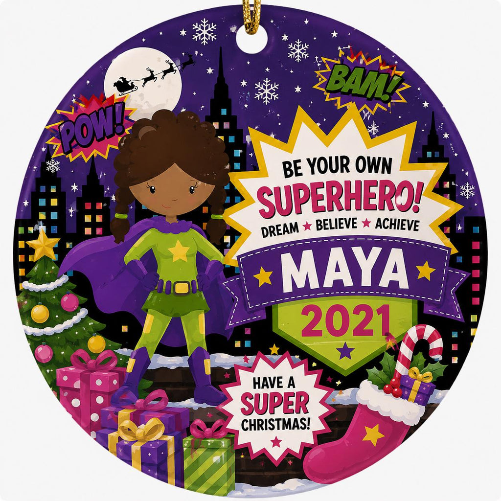 Superhero Girl Ornament, Custom Comic Book Christmas Decor, Girl Power KeepsakePersonalized