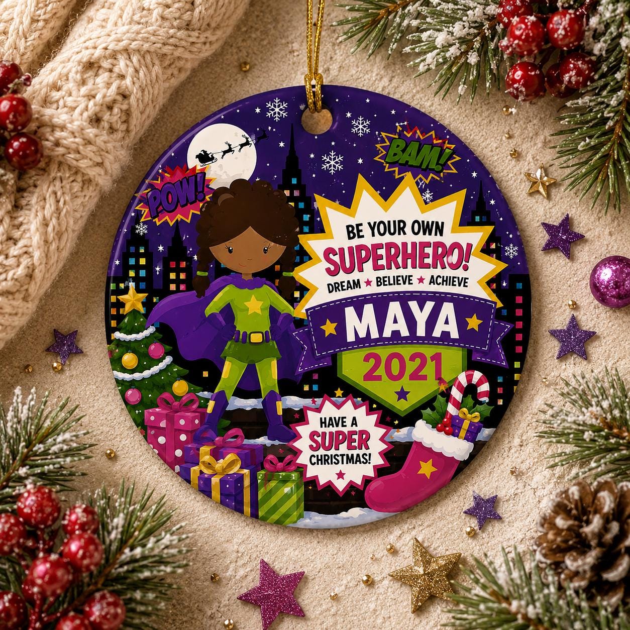 Superhero Girl Ornament, Custom Comic Book Christmas Decor, Girl Power KeepsakePersonalized