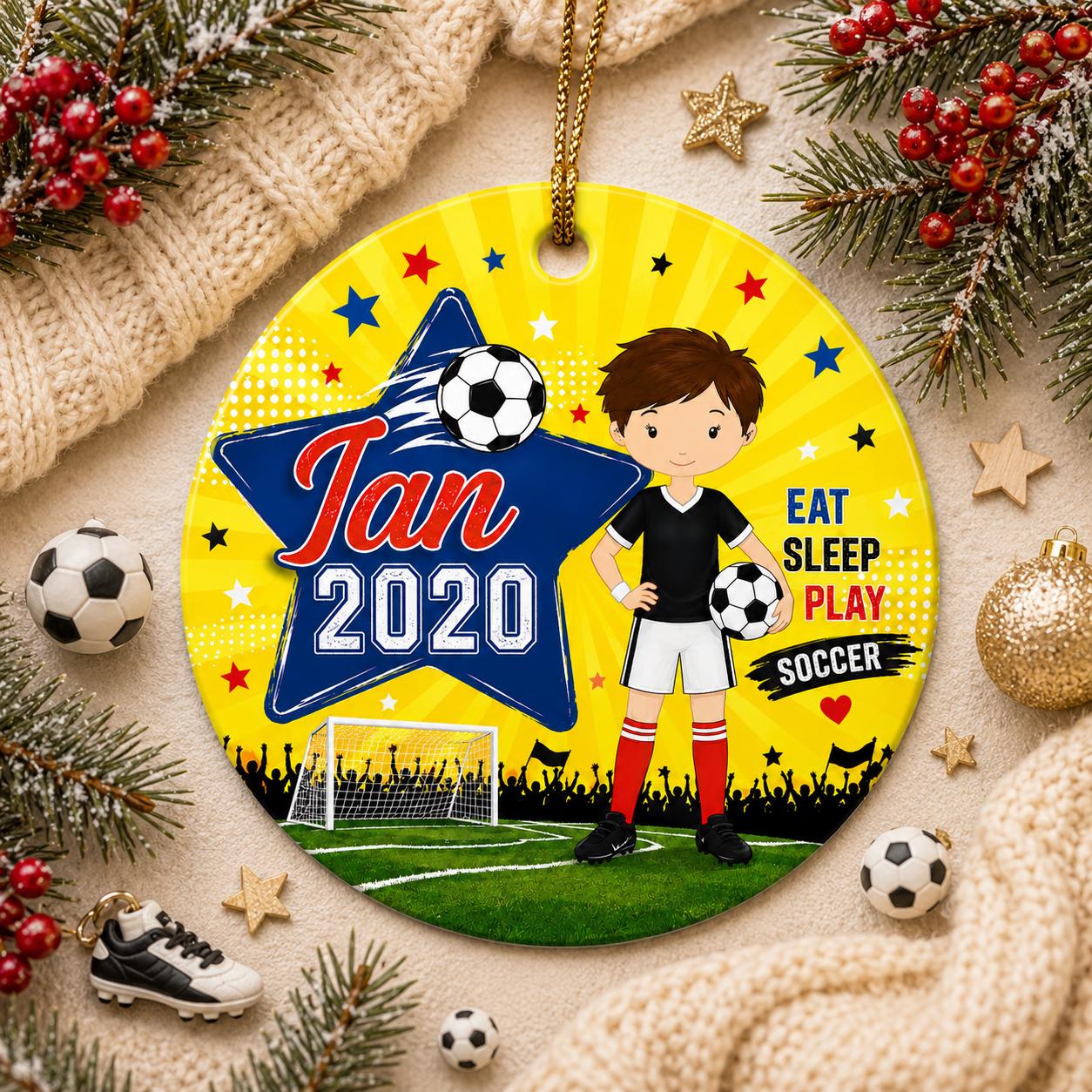 Boy Soccer Ornament, Custom Player Christmas Gift, Ceramic Athlete KeepsakePersonalized