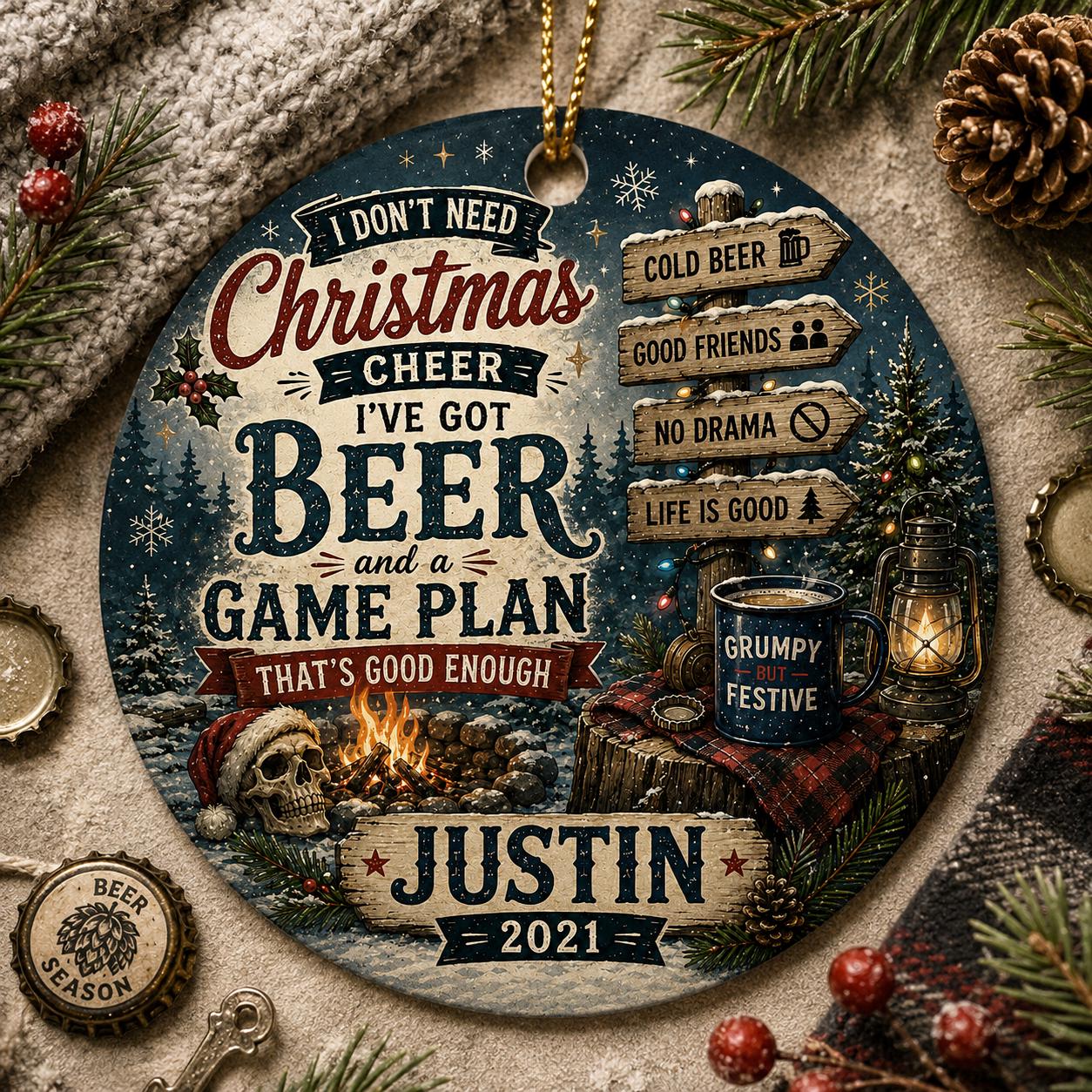Beer Christmas Ornament, Rustic Grumpy Festive Guy Gift, Custom Holiday DecorPersonalized