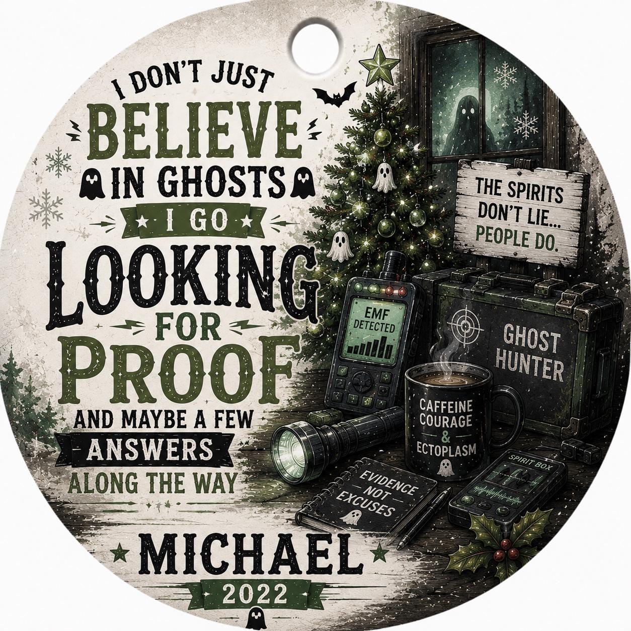 Ghost Hunter Christmas Ornament, Spooky Paranormal Investigator KeepsakePersonalized