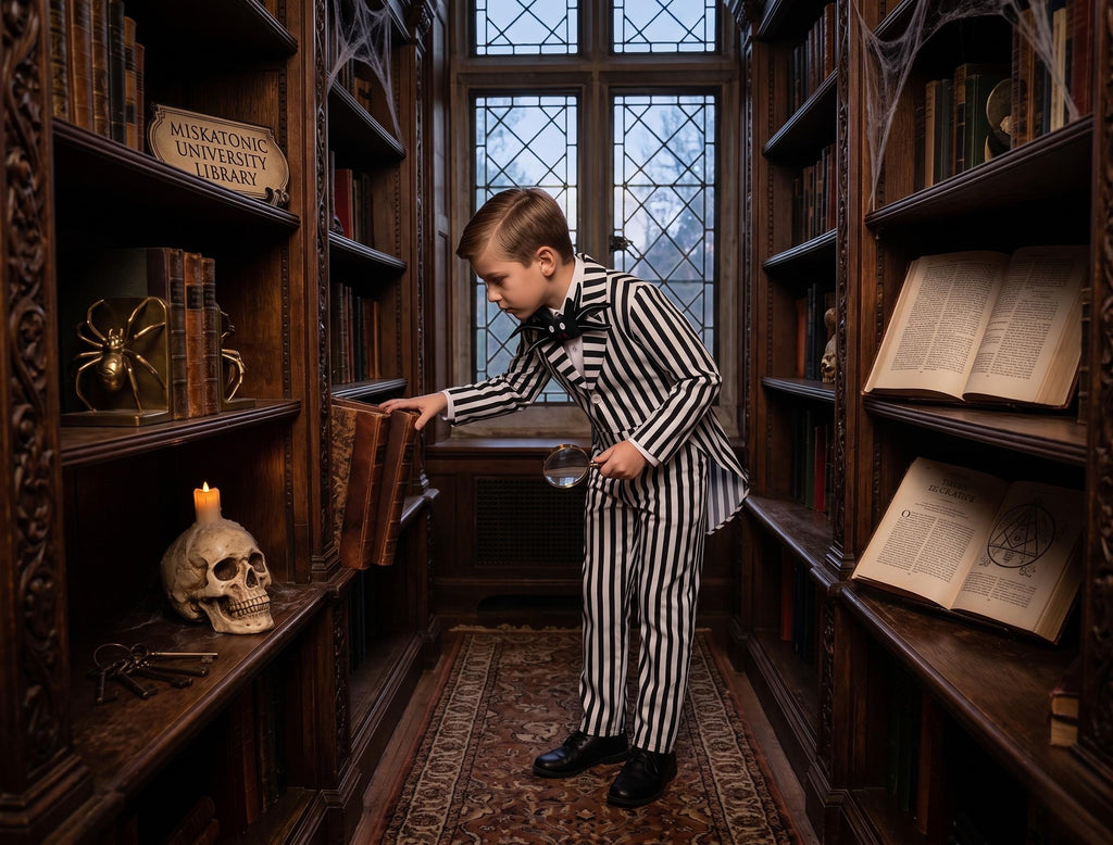Jack Skellington Halloween Costume, Striped Suit, Bat Bow Tie, Spooky Outfit