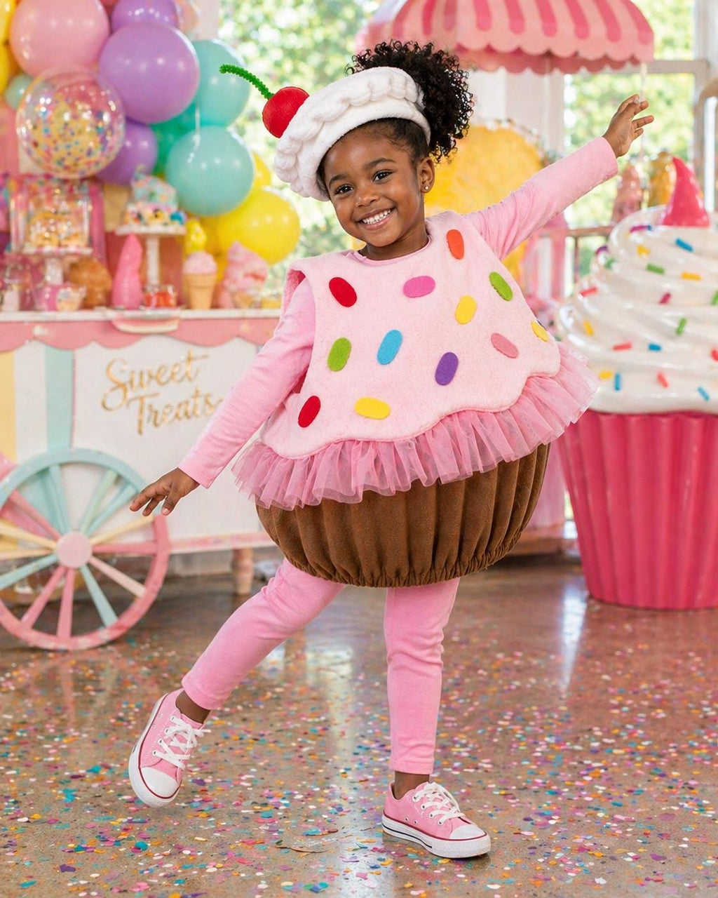 Hand-Crafted Cupcake Costume with Cherry Hat, Pink Sprinkles Toddler Birthday Outfit