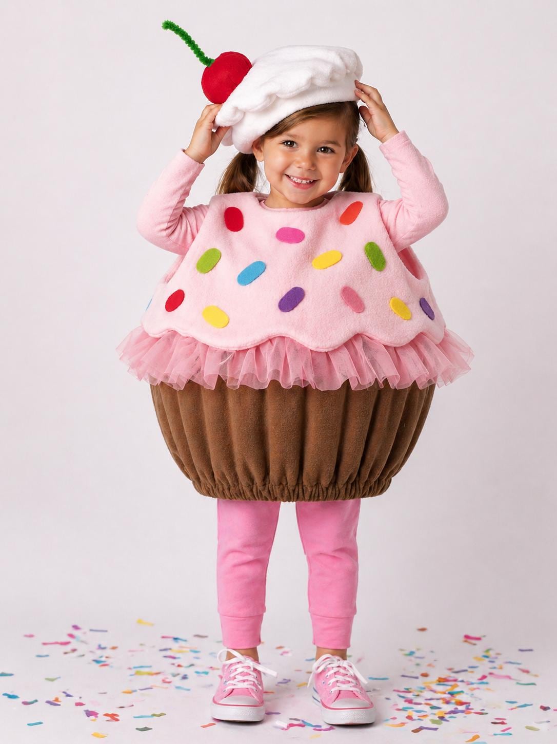 Kids Cupcake Costume with Cherry Hat, Pink Sprinkles Birthday Outfit for Toddlers and Girls, Sweet Treats Halloween Costume, Bakery Dress Up