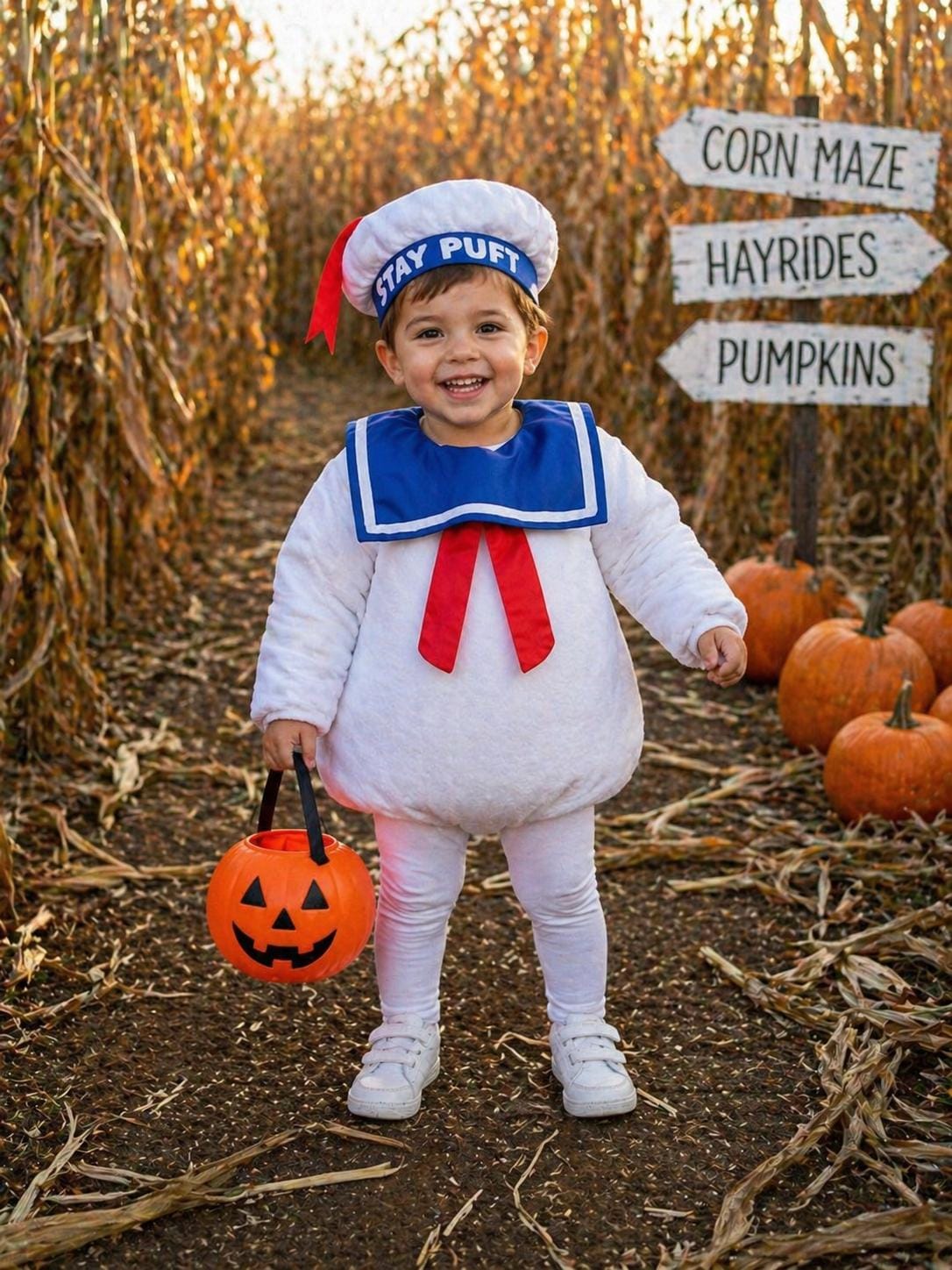 Kids Stay Puft Costume, Marshmallow Man Outfit for Toddlers and Children, Ghostbusters Cosplay, Handmade Fleece Sailor Suit with Hat