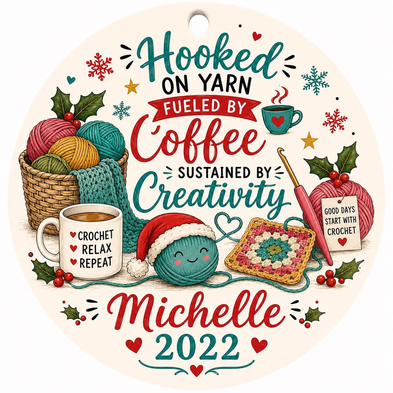 Crochet Ornament, Yarn Coffee Lover Christmas Keepsake, Crocheter Holiday DecorPersonalized
