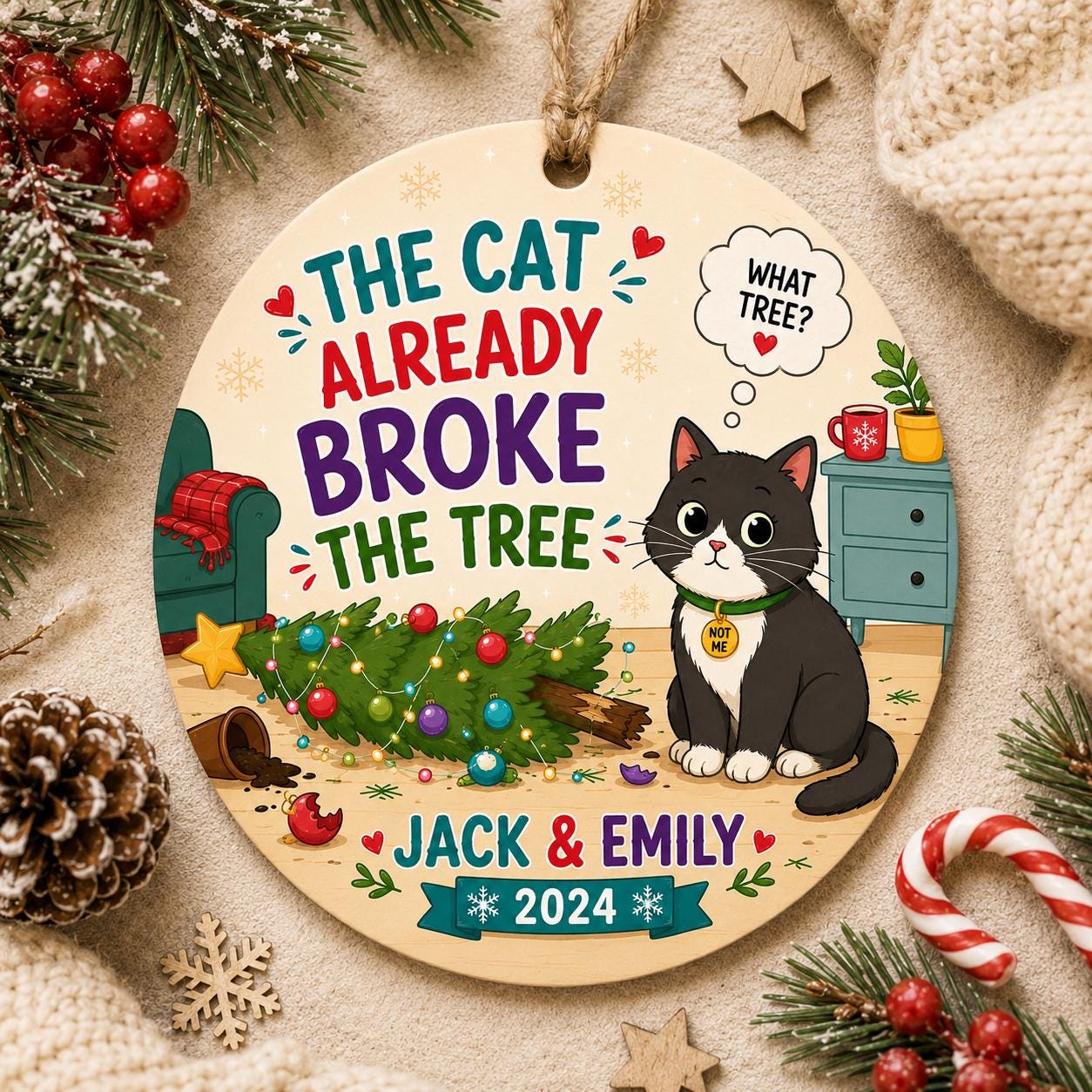 Funny Cat Christmas Ornament, Mischievous Kitty Tree Breaker KeepsakePersonalized