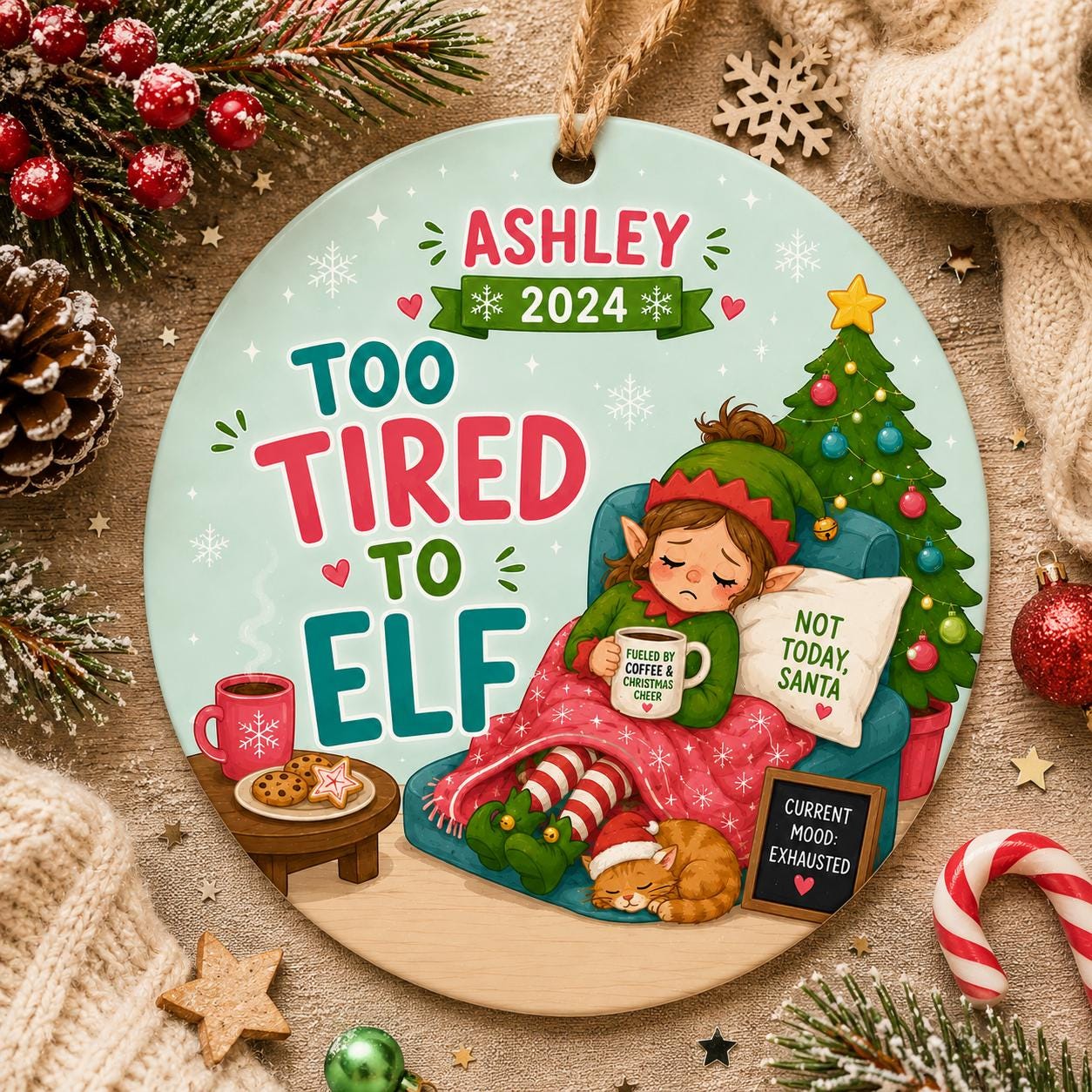 Exhausted Elf Christmas Ornament, Funny Holiday Burnout KeepsakePersonalized