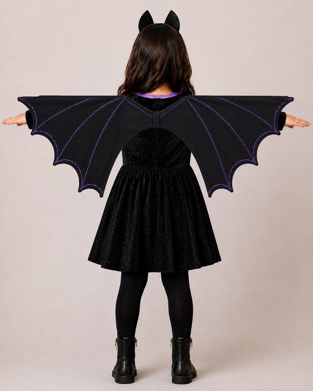 Girls Bat Wing Halloween Costume – Crushed Velvet Dress, Wings, Ears Set