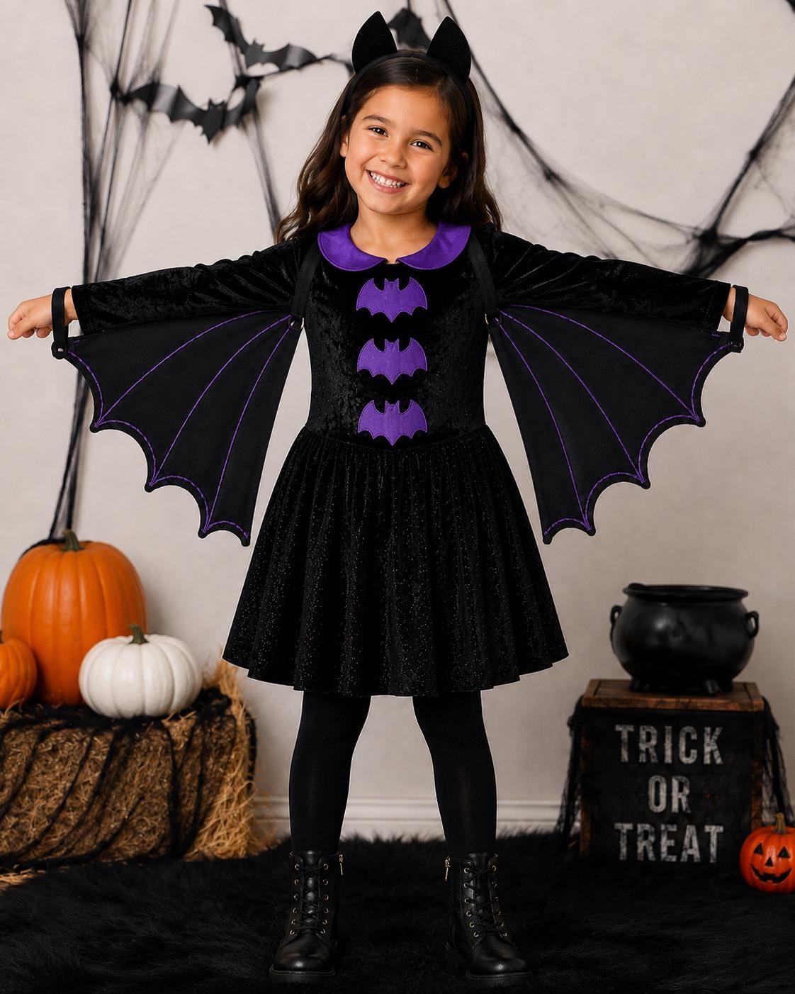 Whimsical Bat Wing Halloween Costume for Girls - Handmade Crushed Velvet Dress, Wings & Bat Ears Set - Multiple Colors - Custom Sizes