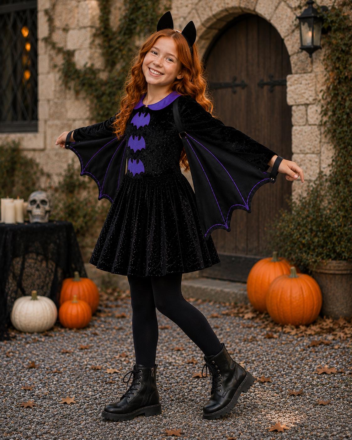 Whimsical Bat Wing Halloween Costume for Girls - Handmade Crushed Velvet Dress, Wings & Bat Ears Set - Multiple Colors - Custom Sizes