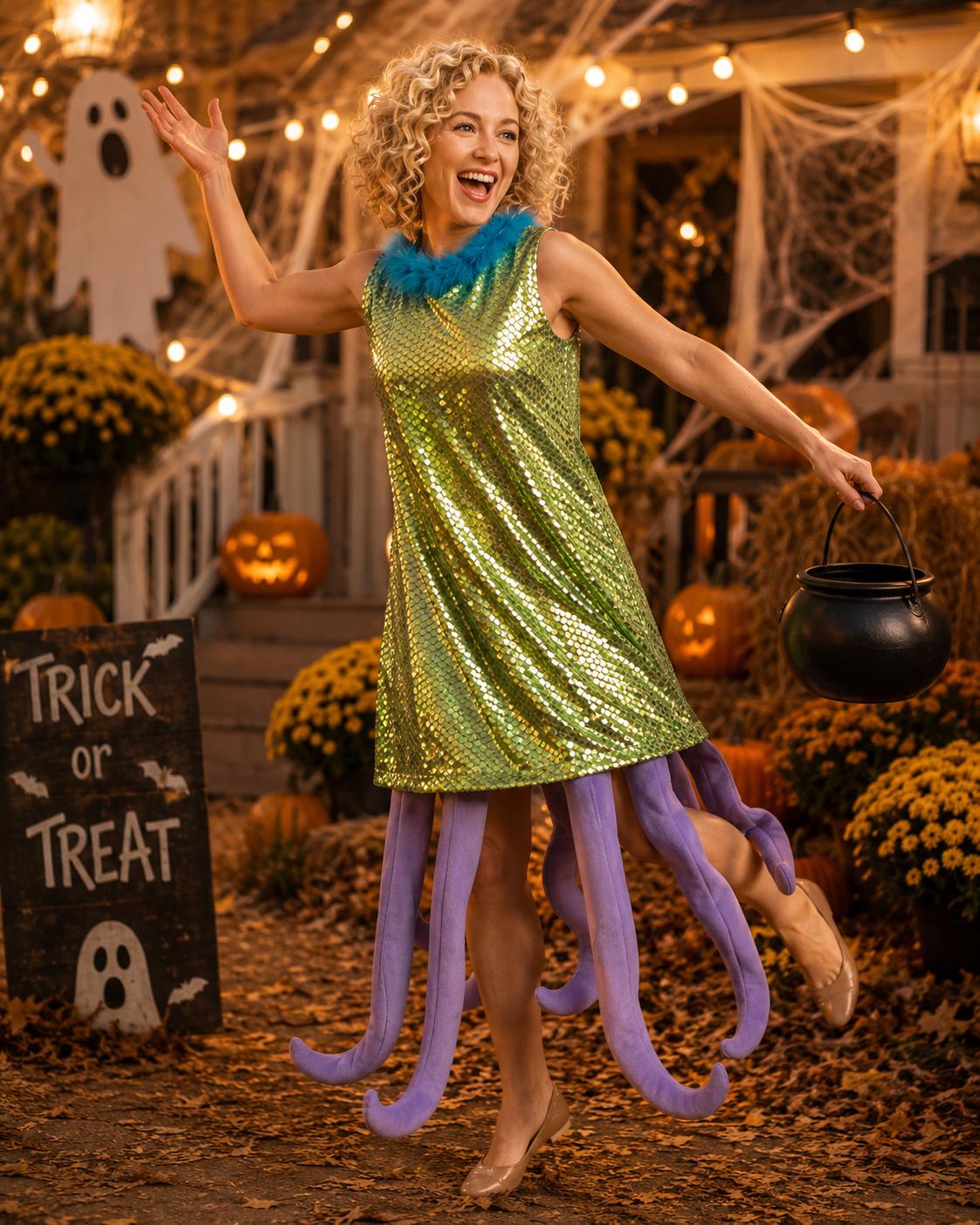 Women's Celia Halloween Costume Dress: Green Sequined, Purple Tentacles, Feather Neckline