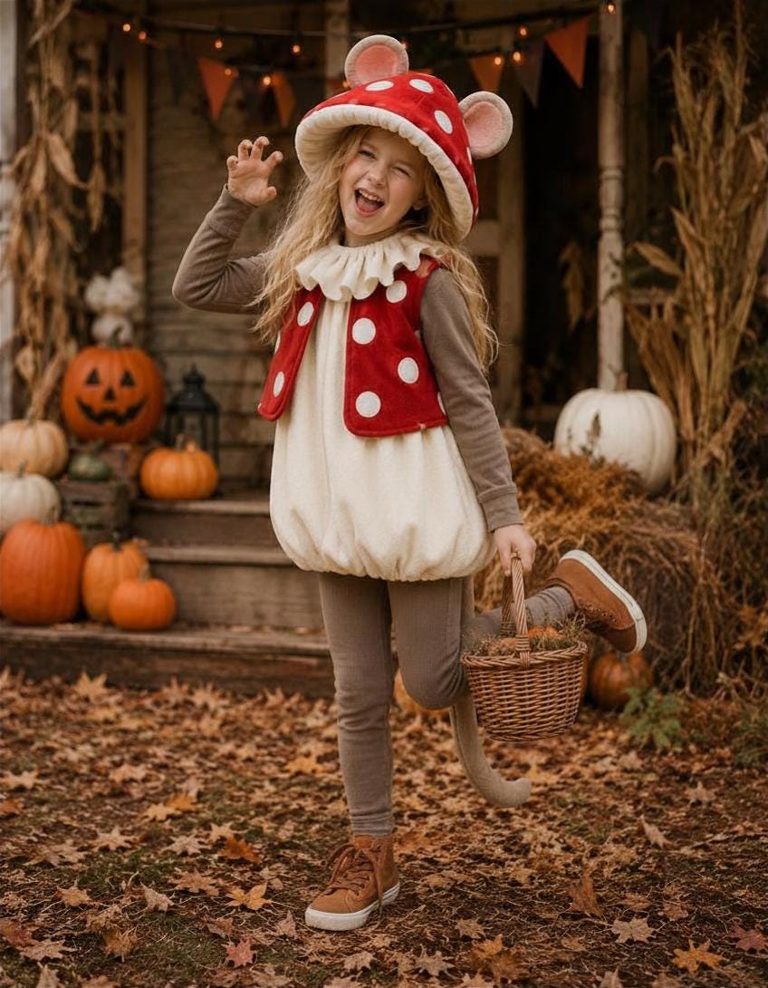 Mushroom Mouse Costume for Kids, Woodland Halloween Outfit, Cozy Fleece Mouse Costume, Whimsical Toadstool Dress Up