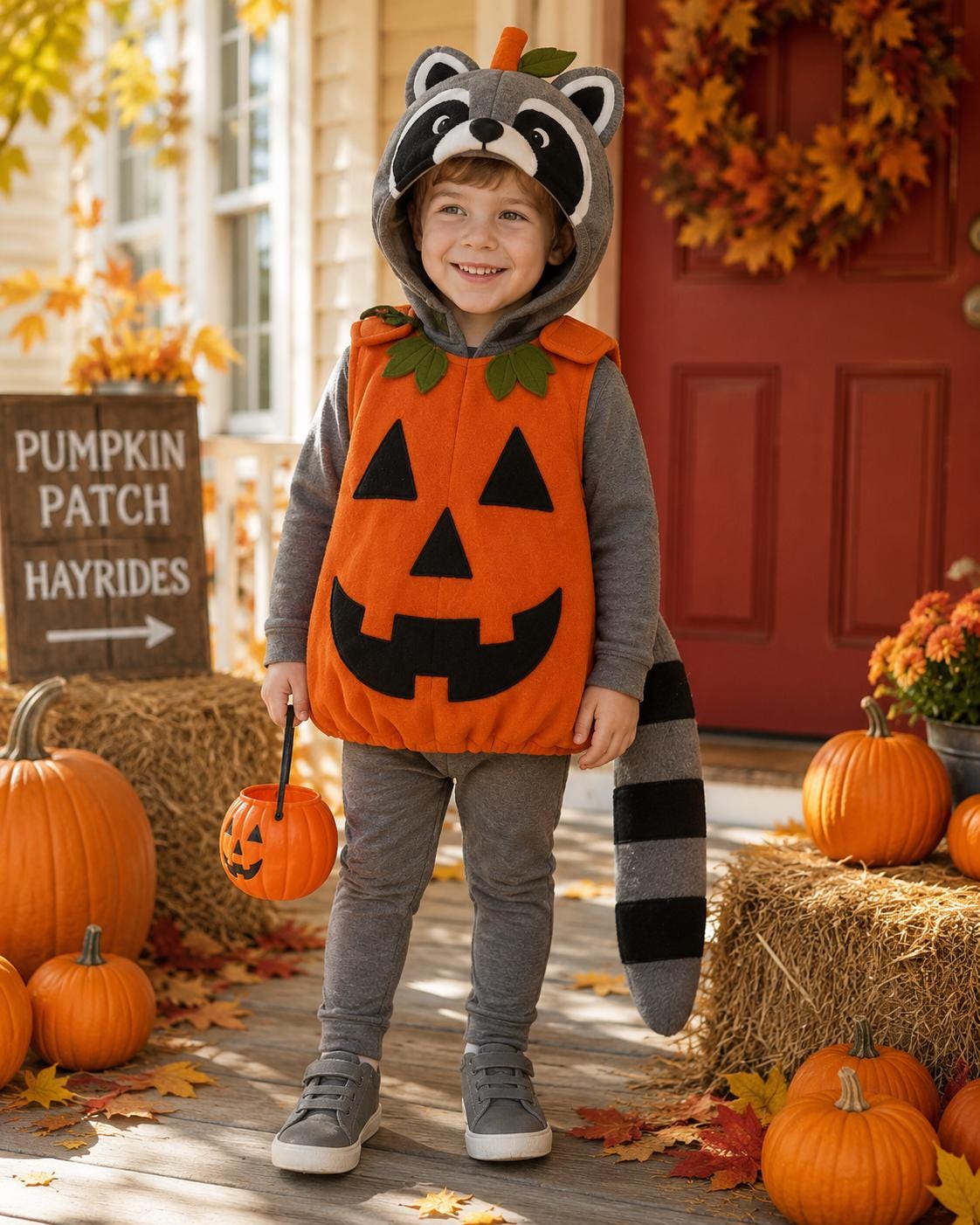 Raccoon Pumpkin Costume for Kids, Woodland Halloween Outfit, Jack O Lantern Costume, Cozy Toddler Fall Costume