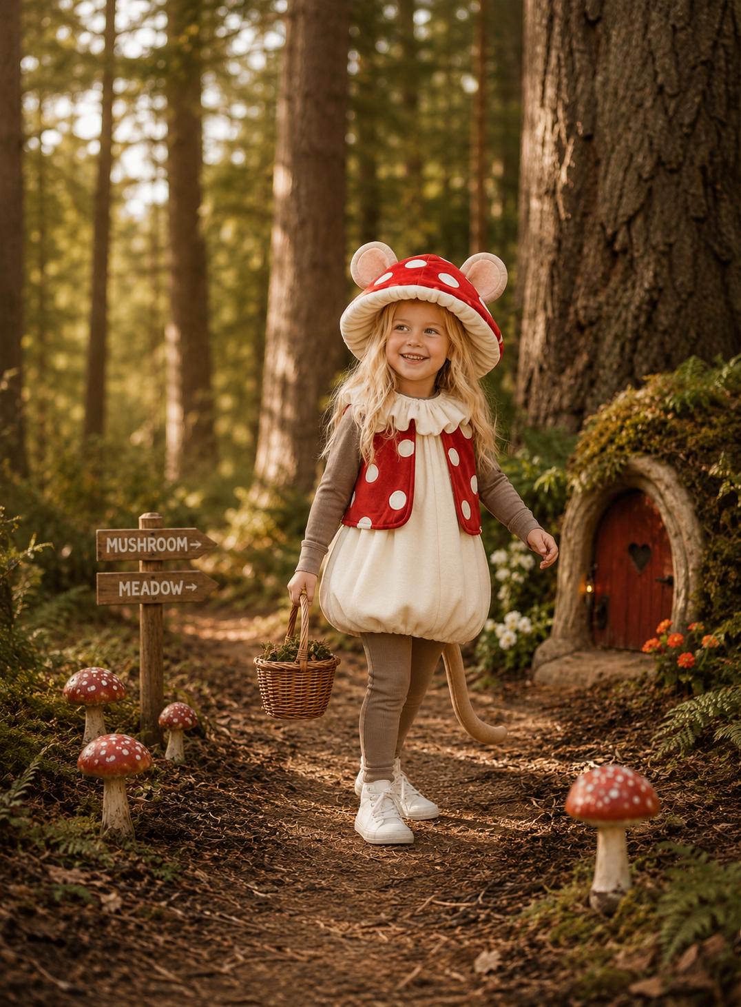 Kids Mushroom Mouse Costume, Woodland Fleece Toadstool Outfit, Whimsical Dress Up