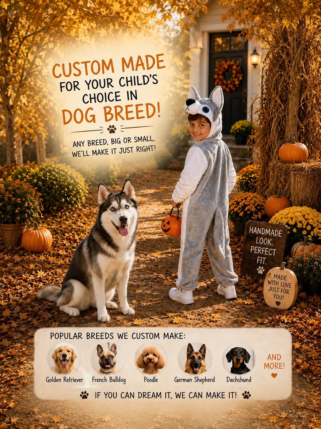 Custom Husky Dog Fleece Costume for Kids, Halloween Pet Cosplay Outfit