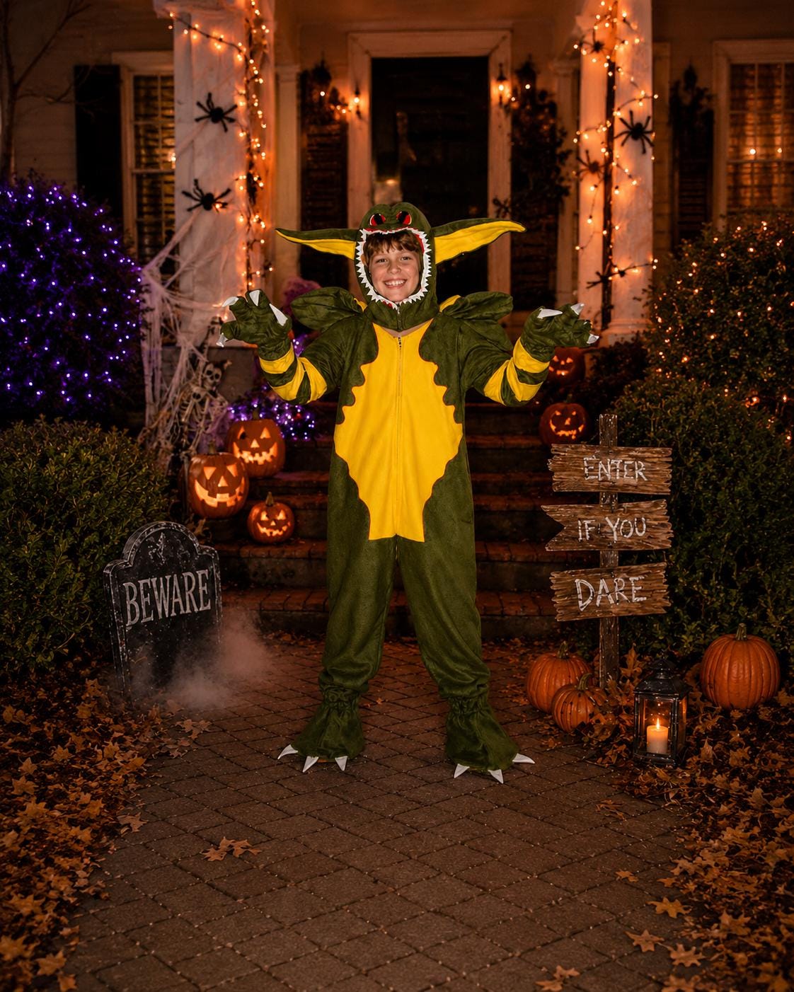Kids Stripe Gremlin Costume: Fleece Monster Halloween Outfit, 80s Movie Cosplay Creature