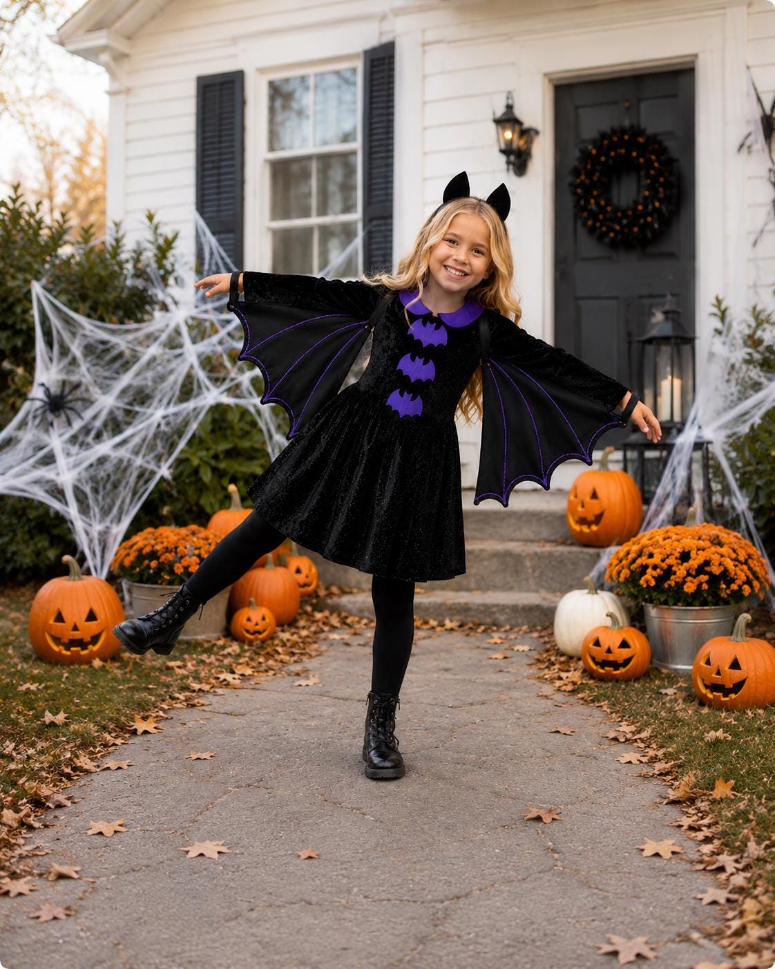 Girls Bat Wing Halloween Costume – Crushed Velvet Dress, Wings, Ears Set