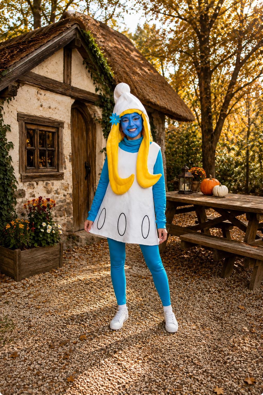 Women's Smurfette Halloween Costume, Fleece Cosplay Dress with Hat