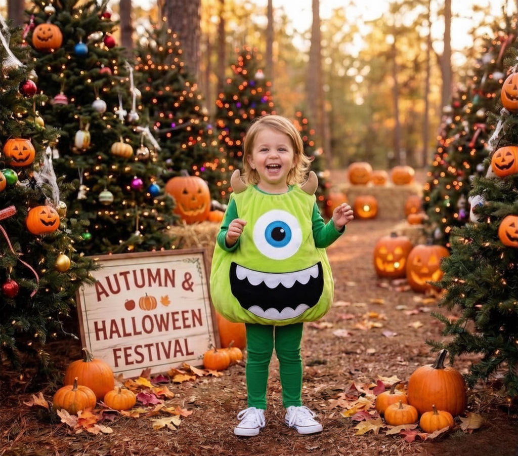 Green Mike Wazowski One-Eyed Monster Halloween Costume Kids Cosplay Character Inspired Fleece Creature Outfit