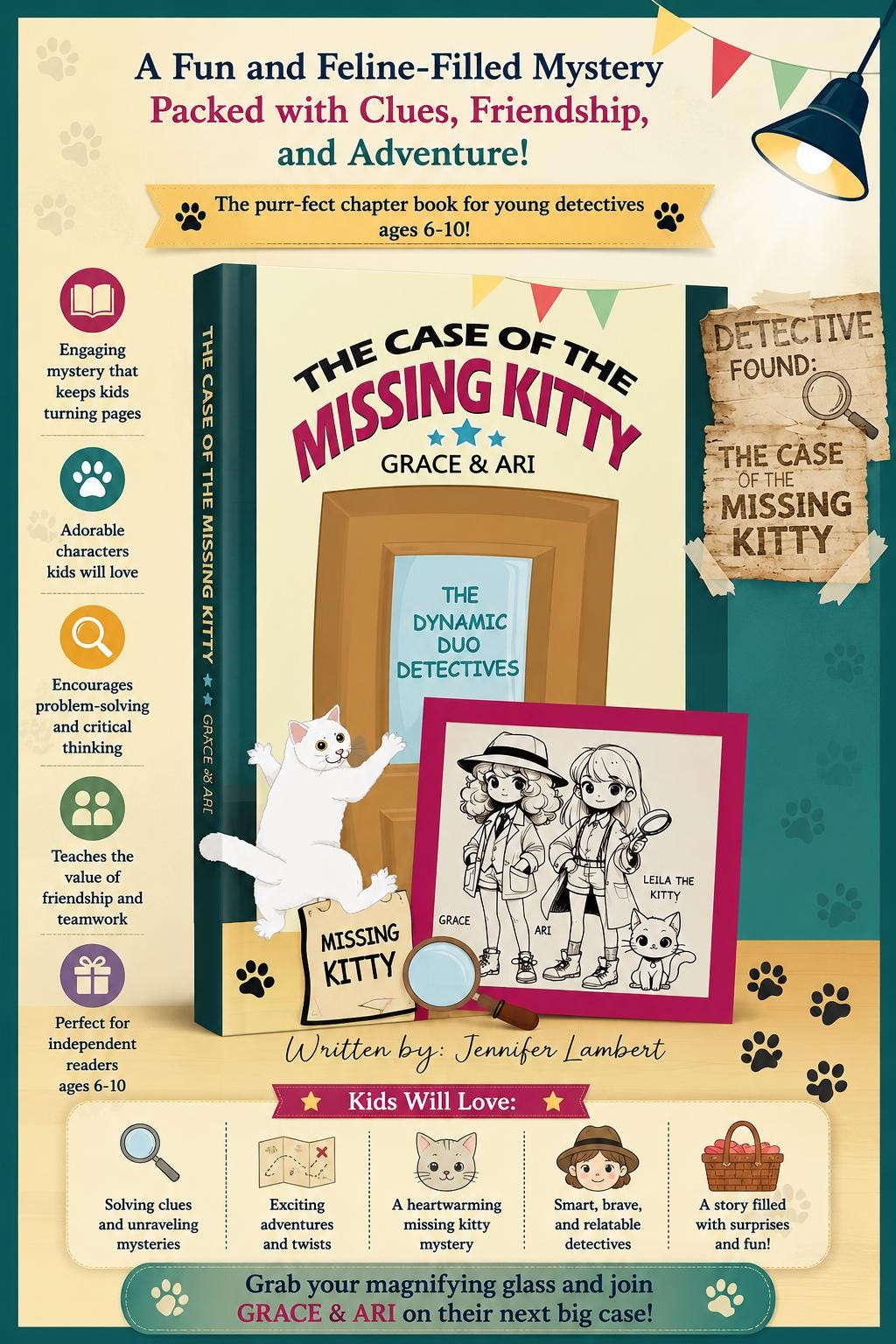 Girls The Dynamic Duo Detectives: The Case of the Missing Kitty, Signed Mystery Book for Kids, Personalized Detective Story