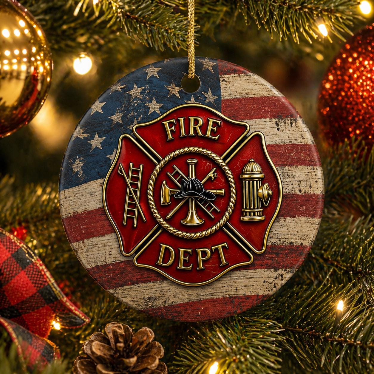 Firefighter Maltese Cross Ornament, American Flag Decor, First Responder Christmas KeepsakePersonalized