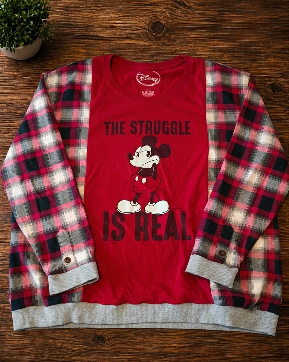Red Mickey Mouse Flannel Shirt – Upcycled Bleached Graphic Top (2XL)