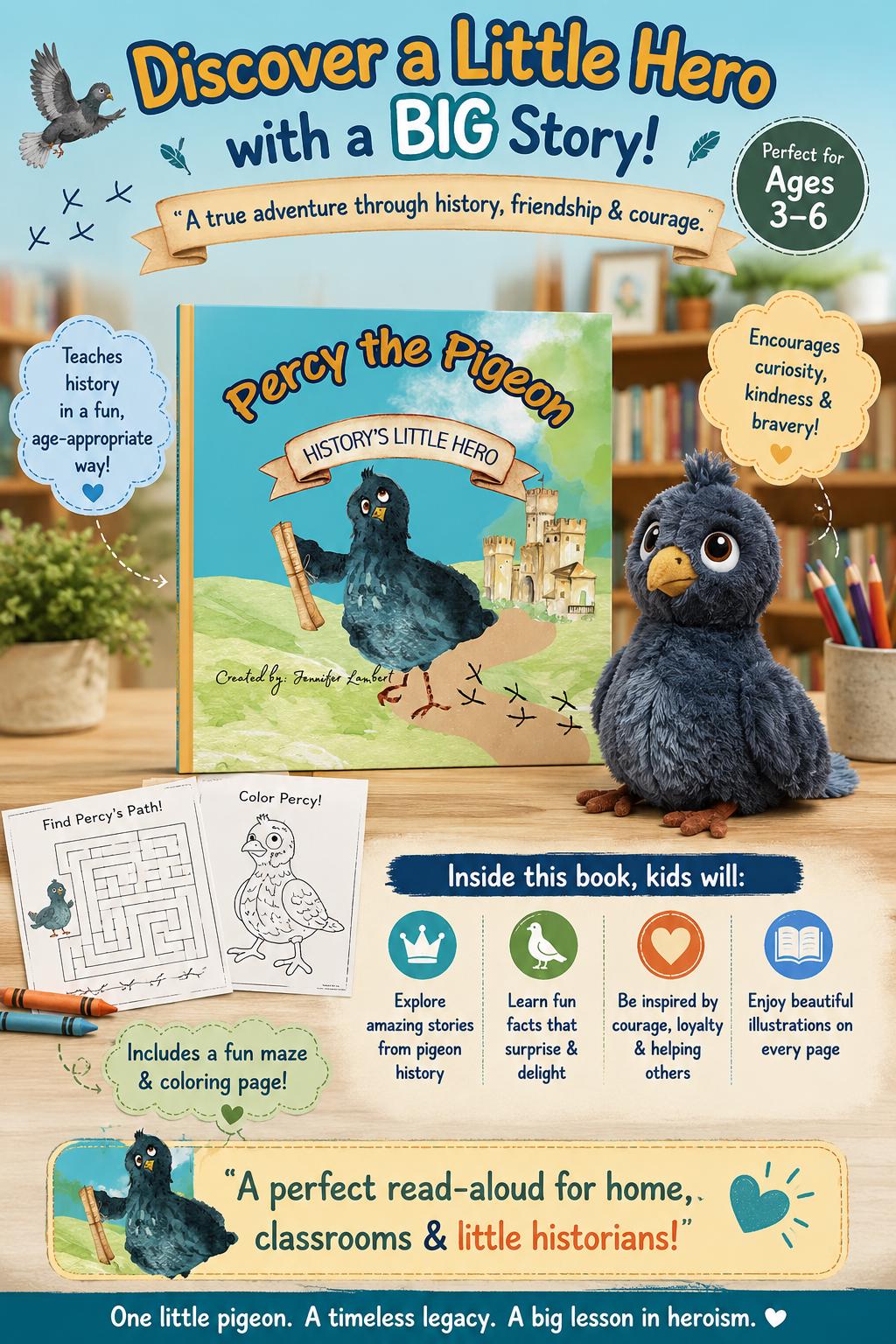 Percy The Pigeon: History’s Little Hero, Signed Educational Children’s Book, Personalized History Story Gift