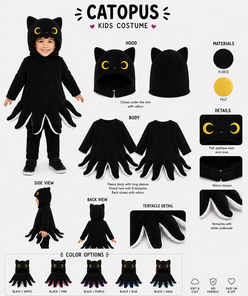 Catopus Kids Halloween Costume, Black Cat Octopus Costume for Children