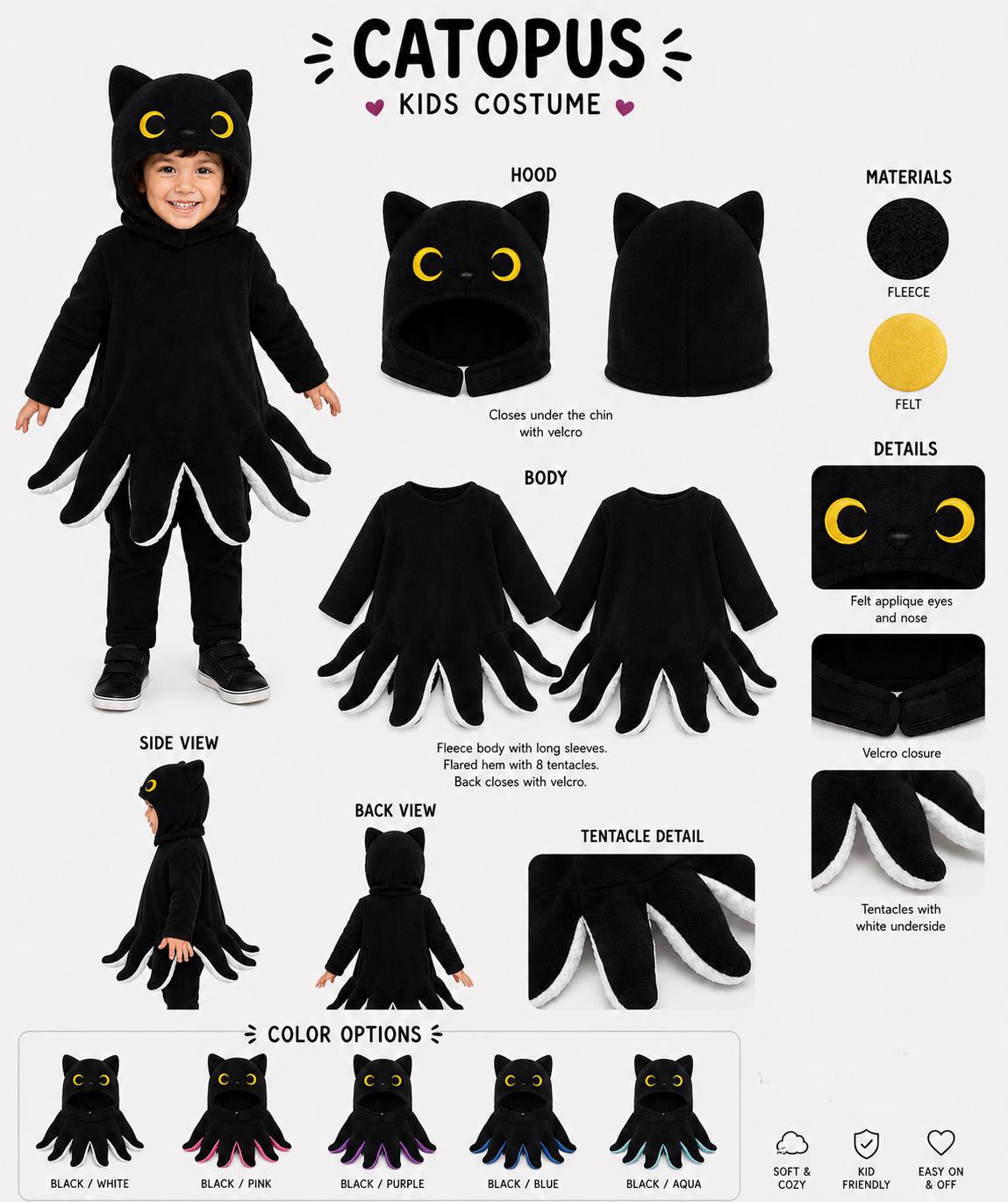 Catopus Kids Halloween Costume, Black Cat Octopus Costume for Children