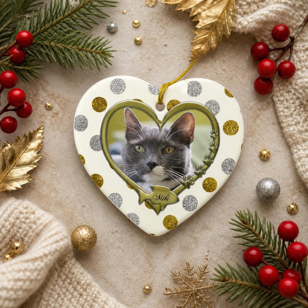 Pet Memorial Heart Ornament, Cat Dog Loss Keepsake, Gold Silver Polka Dot CeramicPersonalized