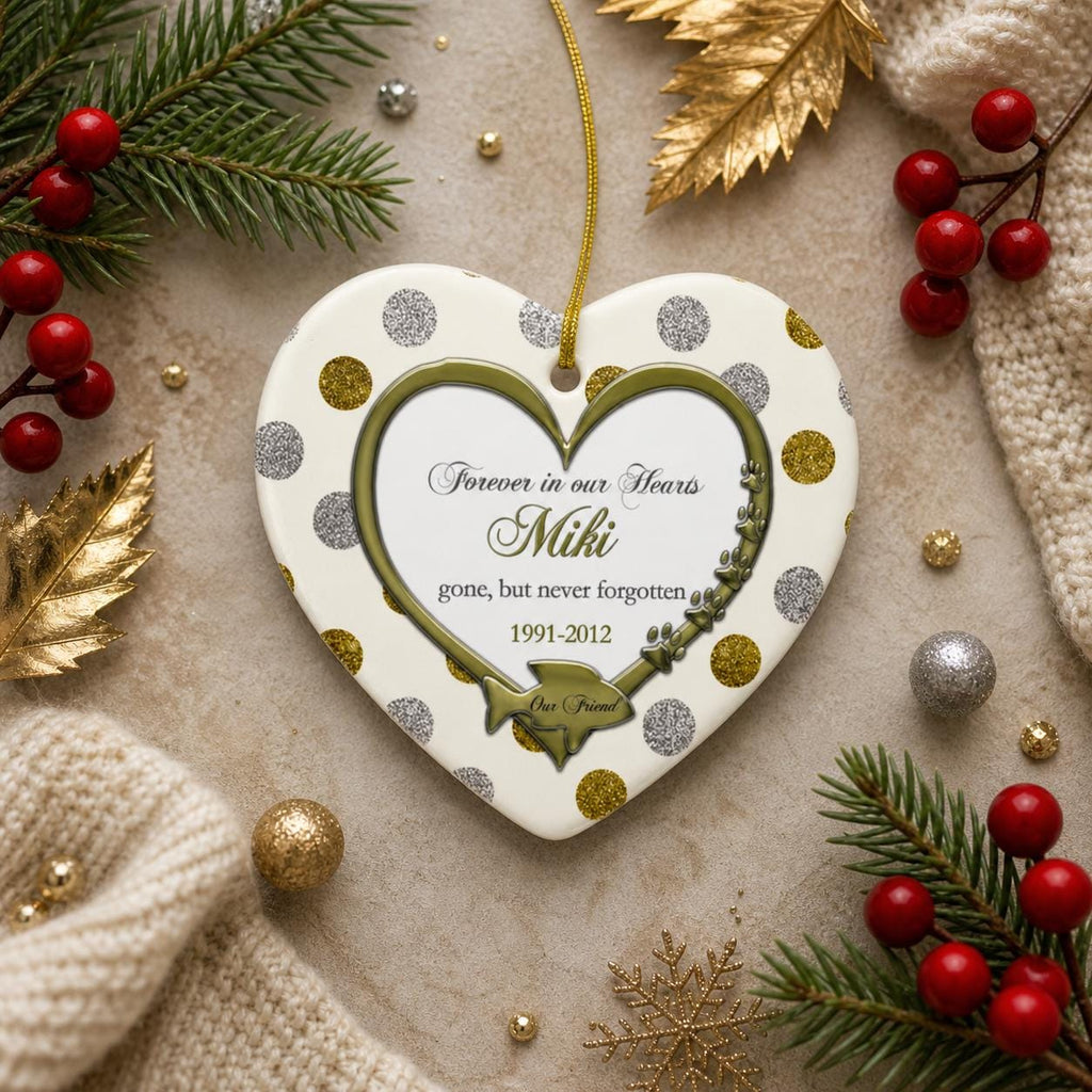 Pet Memorial Heart Ornament, Cat Dog Loss Keepsake, Gold Silver Polka Dot CeramicPersonalized