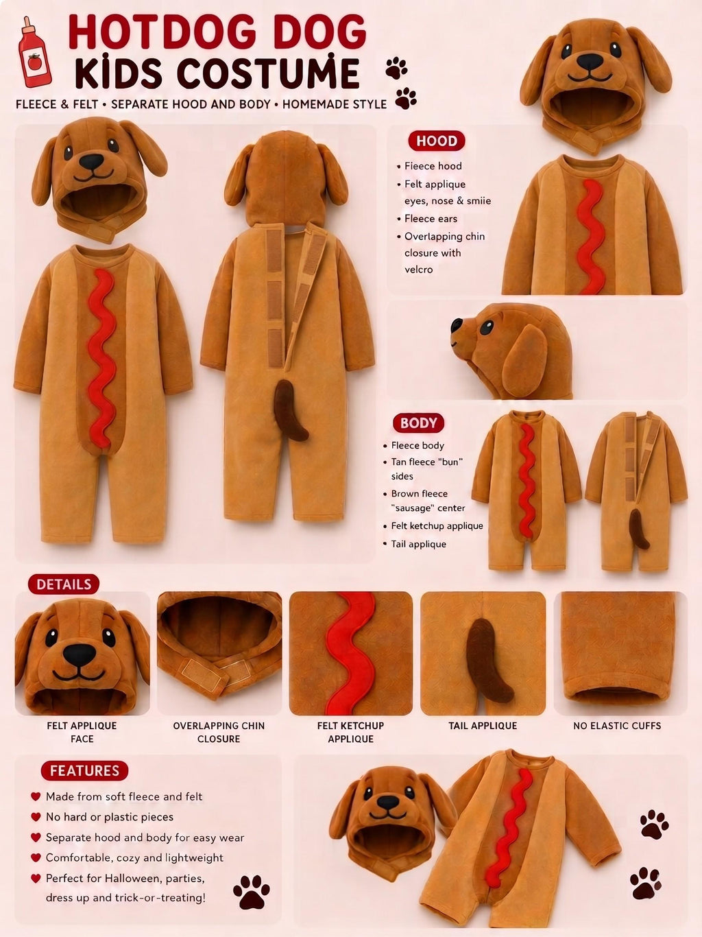 Hotdog Dog Costume for Kids, Dachshund Halloween Costume, Funny Hot dog Puppy Outfit