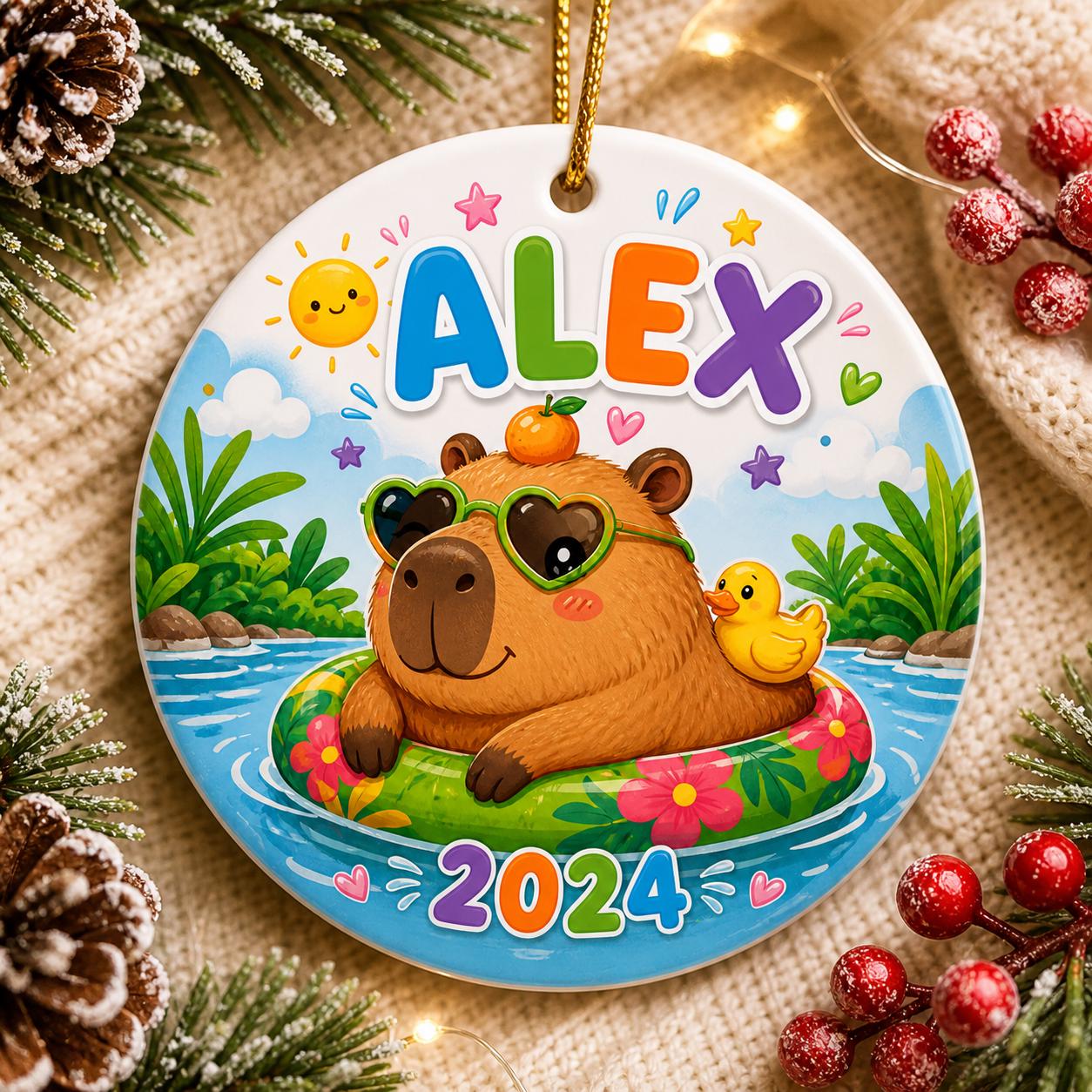 Capybara Pool Ornament, Summer Animal Ceramic KeepsakePersonalized