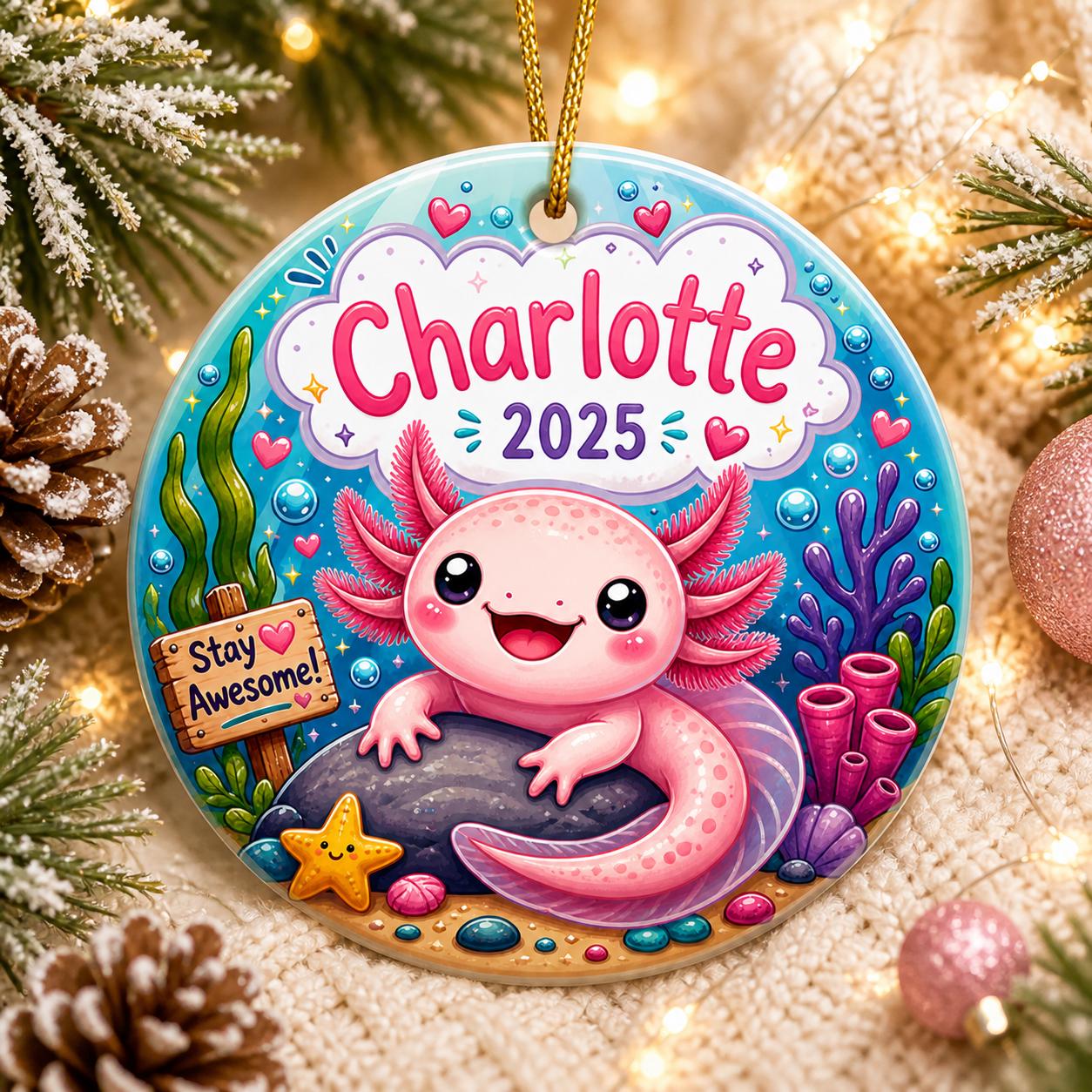 Axolotl Ornament, Pink Sea Creature Keepsake, Custom Name Year DecorPersonalized