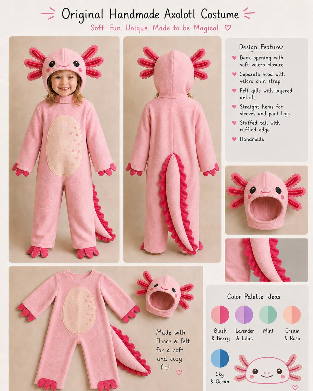 Kids Axolotl Costume, Fleece Animal Hoodie Set, Toddler Pretend Play Outfit