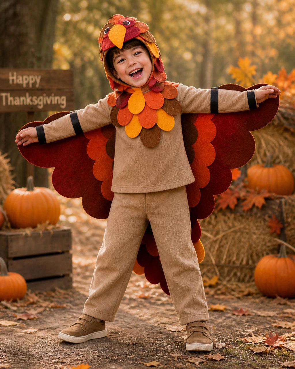Handmade Turkey Costume Kids, Fleece Thanksgiving Outfit, Fall Dress Up Set, Feather Wings Cape, Toddler Costume, Autumn Outfit