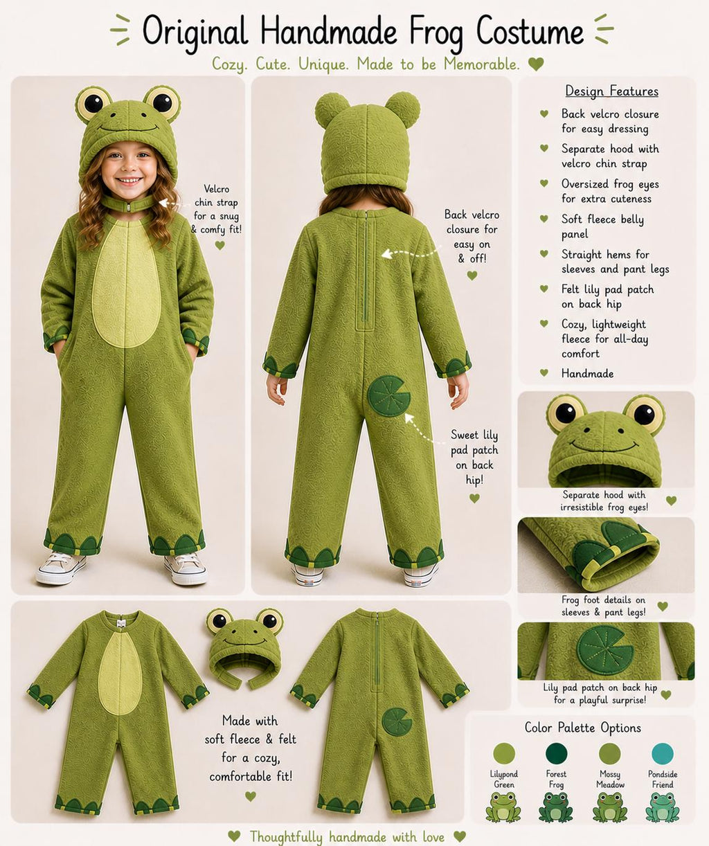 Kids Frog Costume, Handmade Fleece Animal Onesie, Toddler Halloween Dress Up