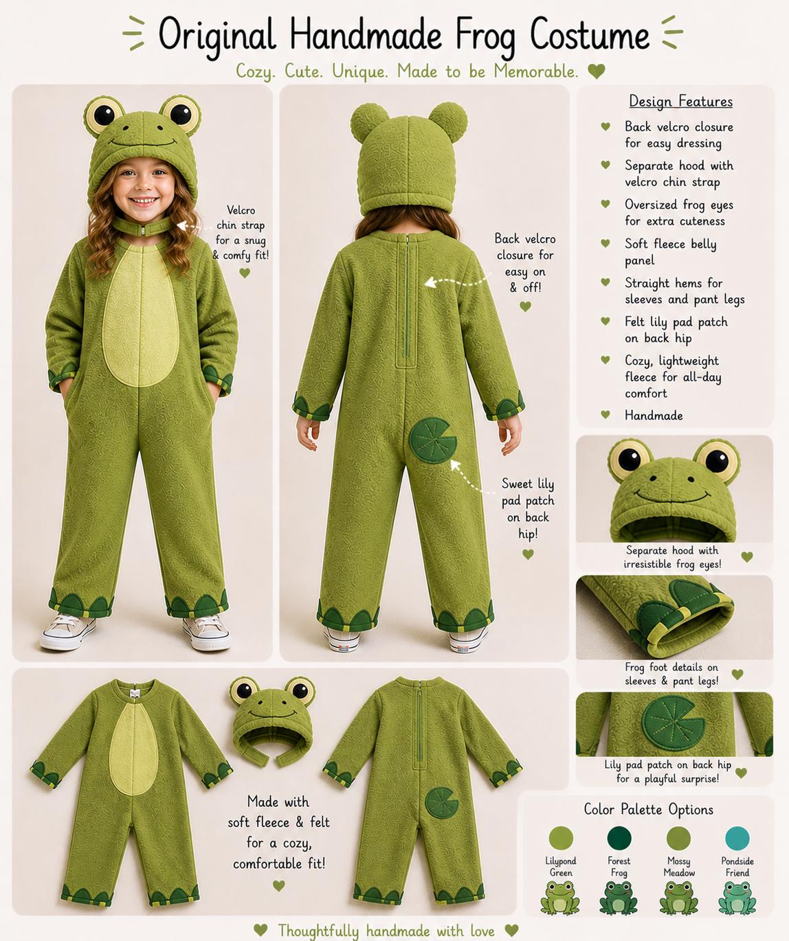 Kids Frog Costume, Handmade Fleece Animal Onesie, Toddler Halloween Dress Up