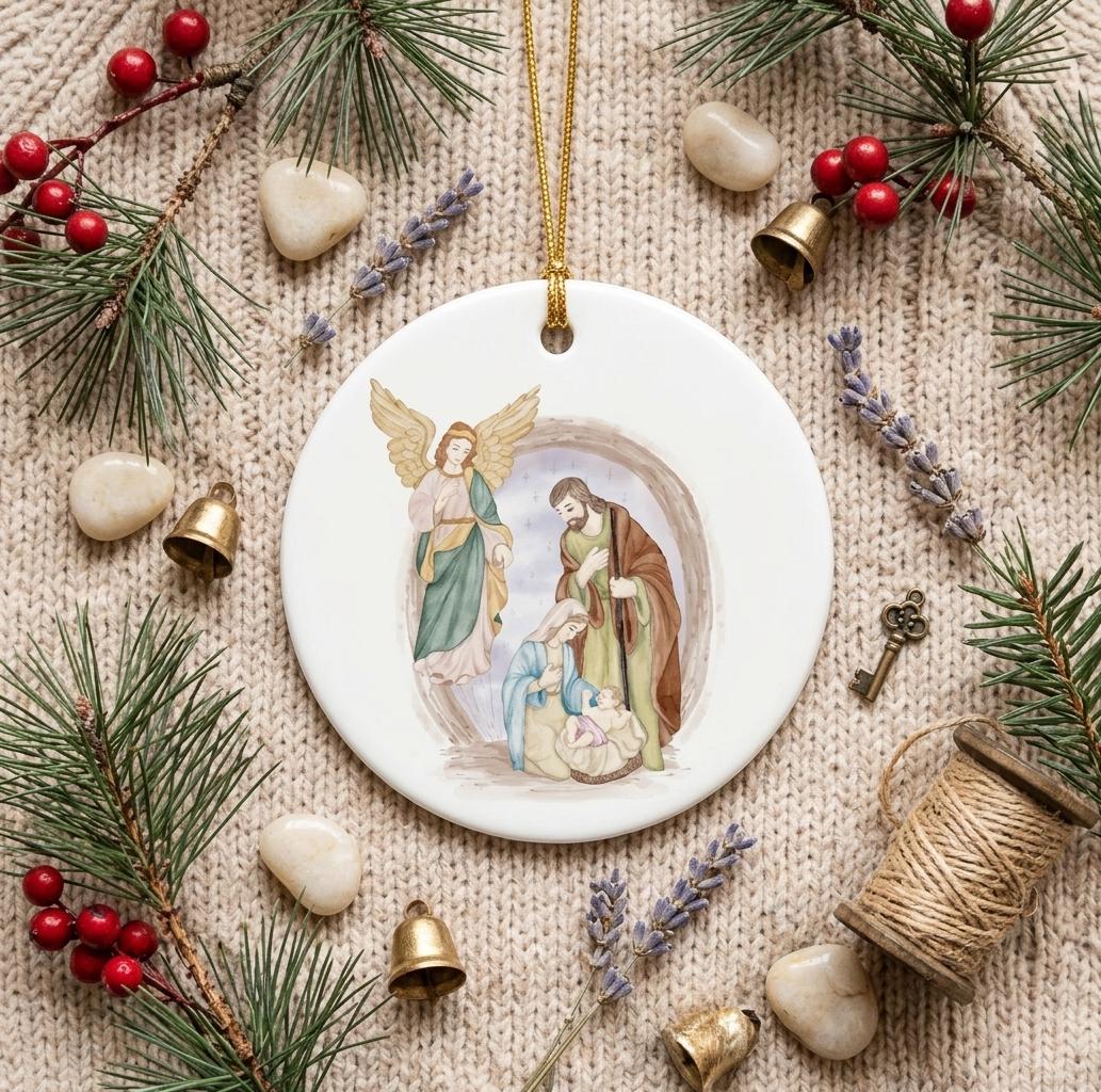 Watercolor Nativity Scene Ornament, Holy Family Christmas Decor, Religious KeepsakePersonalized