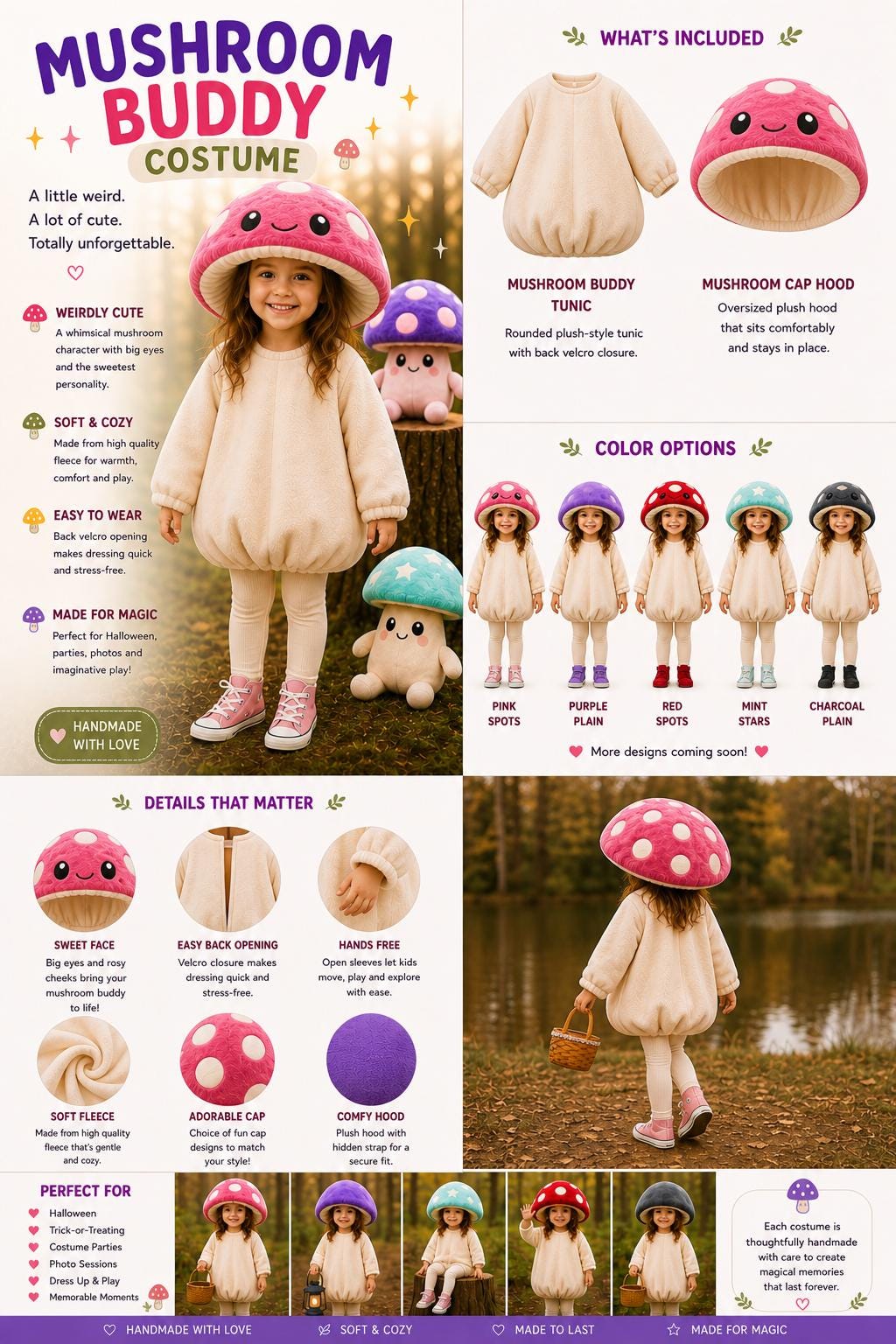 Mushroom Buddy Costume Kids, Handmade Mushroom Outfit, Plush Tunic Costume, Cute Halloween Costume, Whimsical Woodland Dress Up