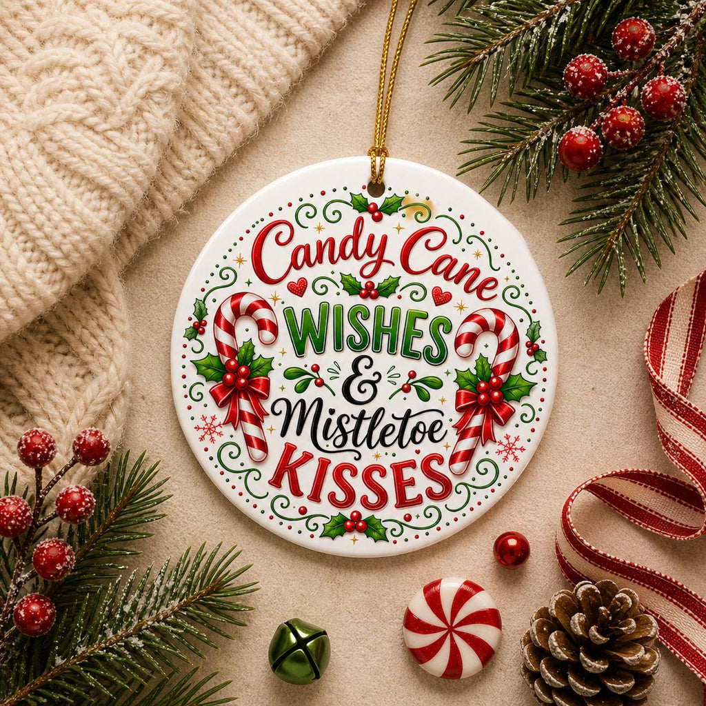 Ceramic Candy Cane Wishes Ornament, Mistletoe Kisses Holiday Decor, Personalized Christmas KeepsakePersonalized